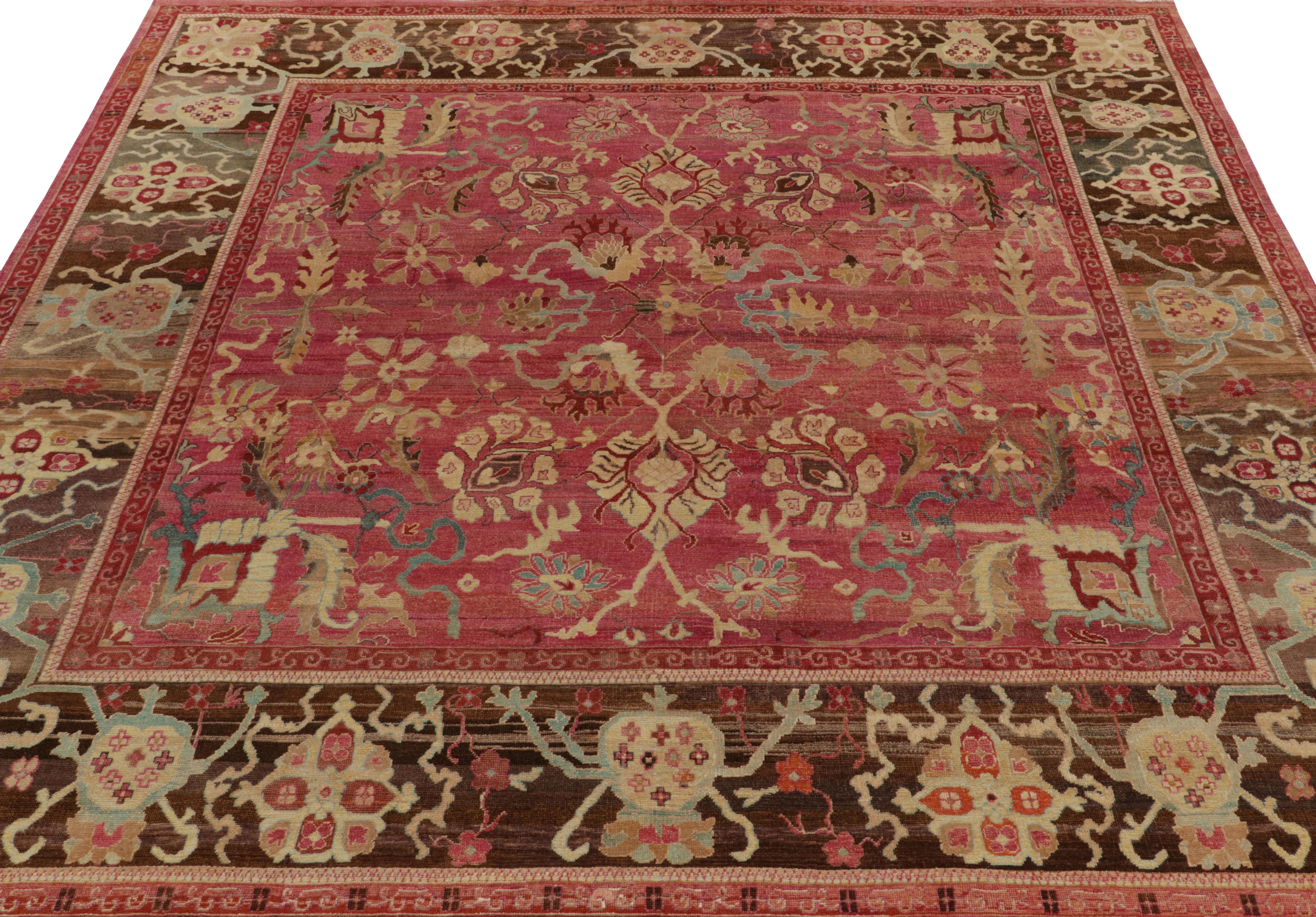 Oushak Rug & Kilim’s Classic Style Square Rug in Pink, Red and Beige-Brown Florals For Sale