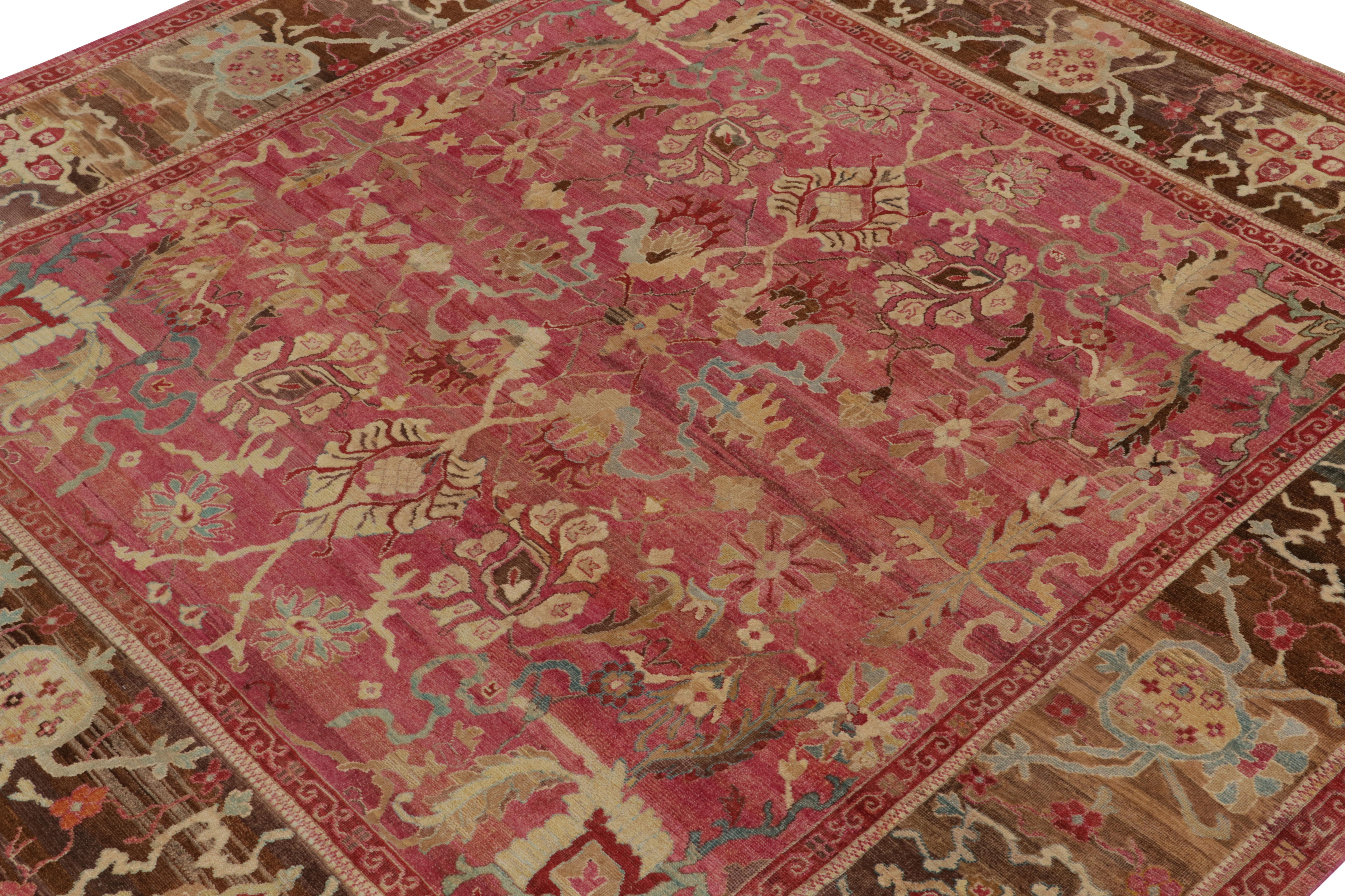 Indian Rug & Kilim’s Classic Style Square Rug in Pink, Red and Beige-Brown Florals For Sale