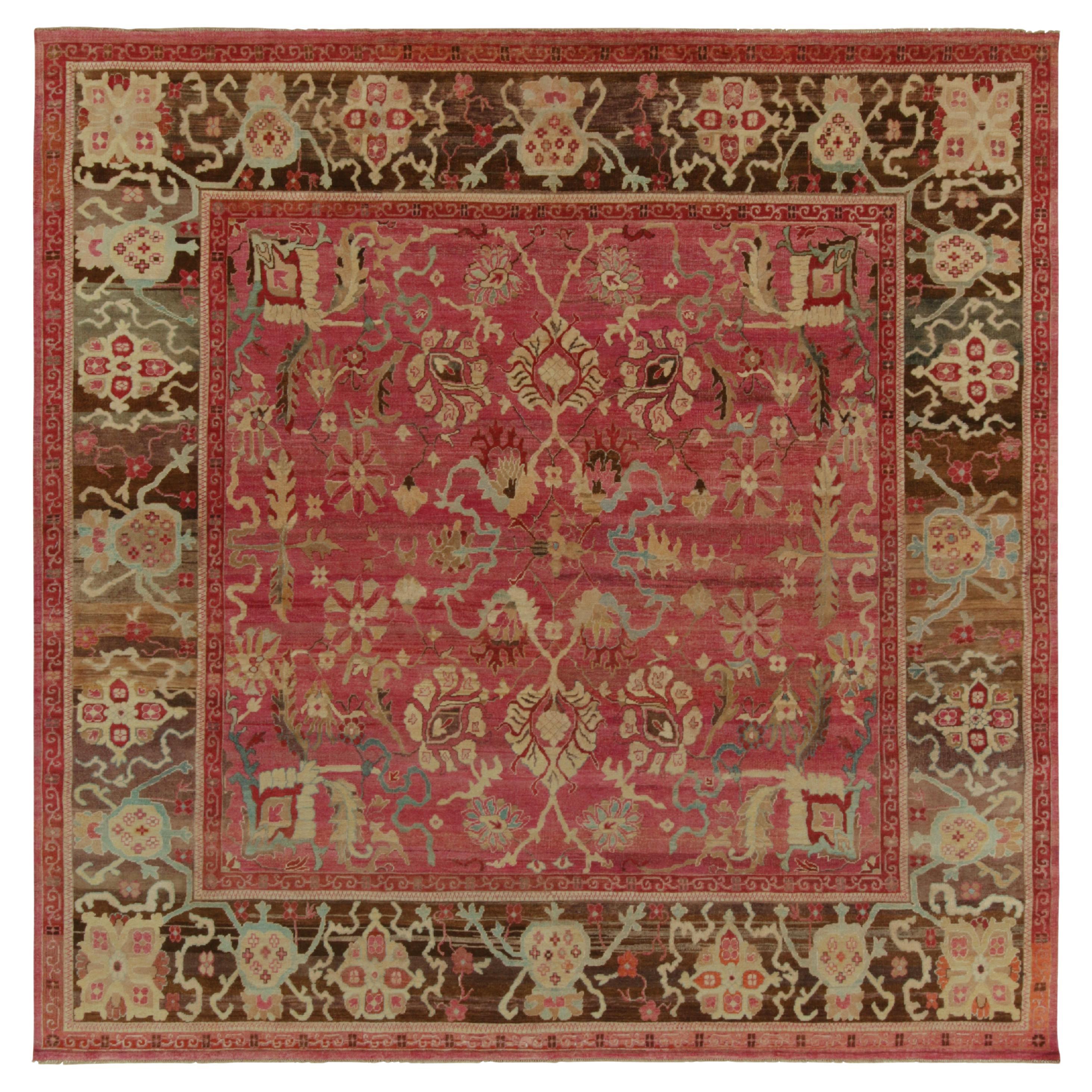 Rug & Kilim’s Classic Style Square Rug in Pink, Red and Beige-Brown Florals