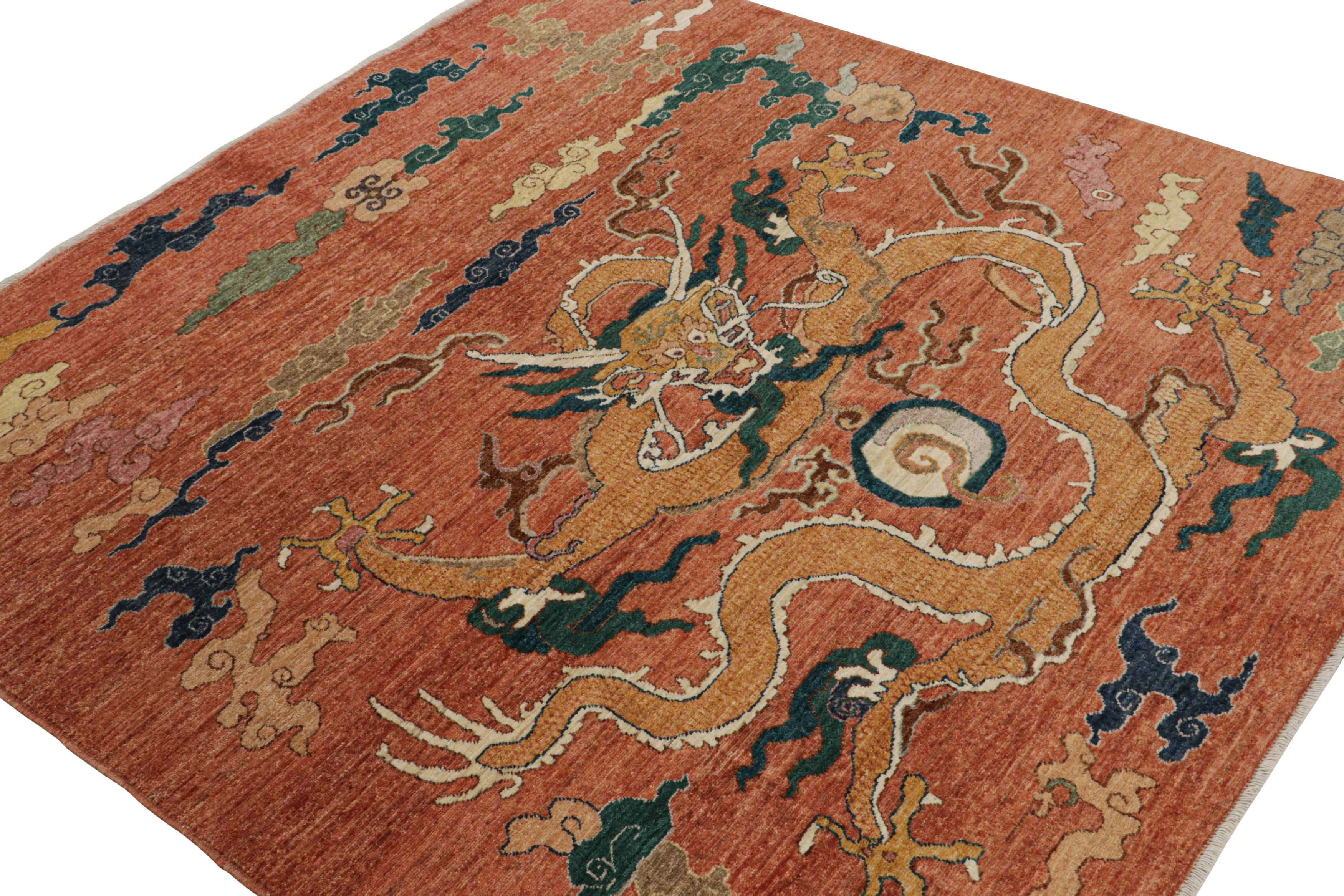 Hand-knotted in wool, this 6x6 square rug, originating from Afghanistan, features a design that has been inspired by antique Chinese Pictorial dragon rugs. 

On the Design: 

Inspired by antique Chinese pictorial rugs—specifically animal rugs with