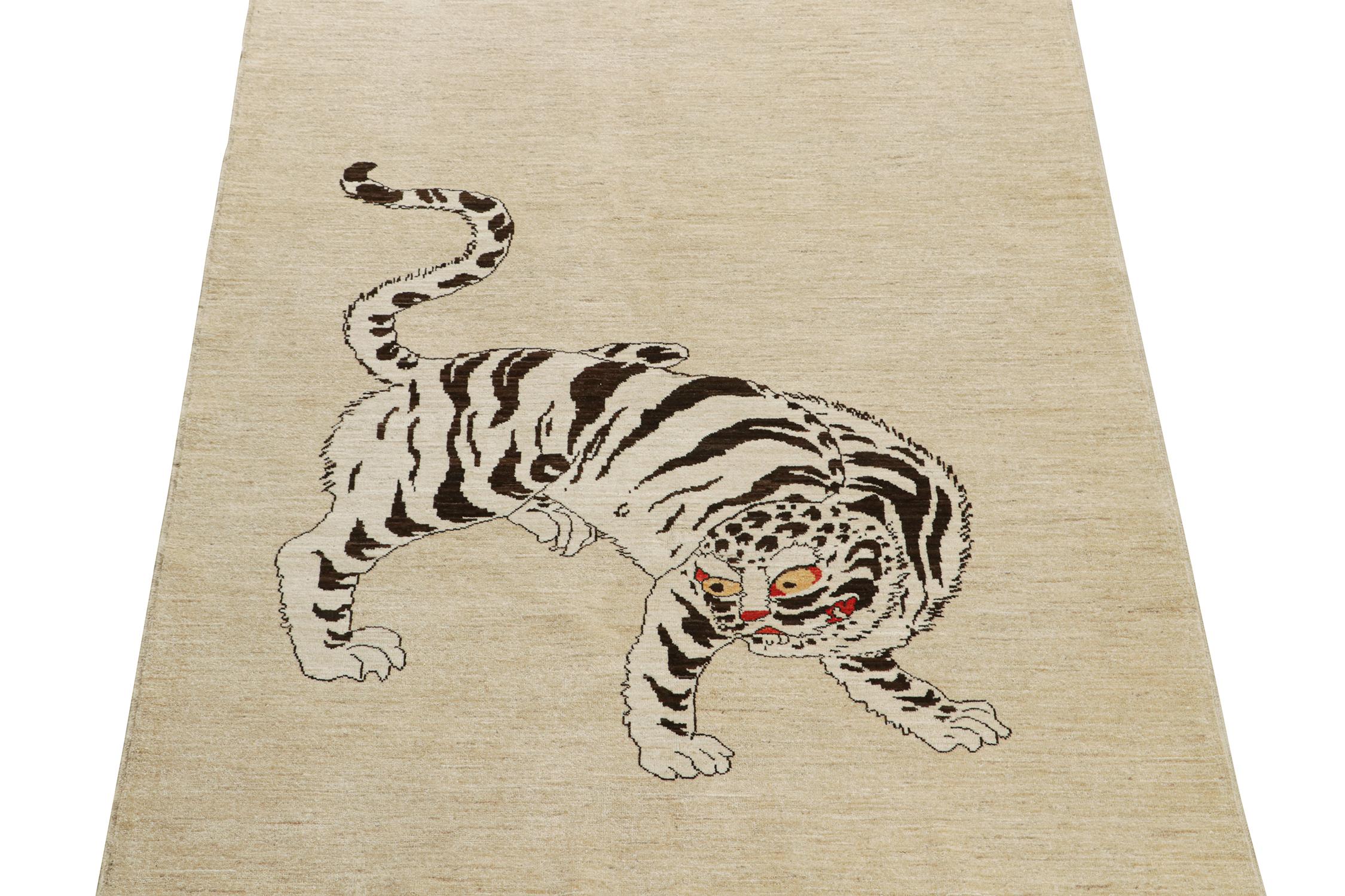 Pakistani Rug & Kilim’s Classic Style Tiger Rug in Beige with White and Brown Pictorial For Sale