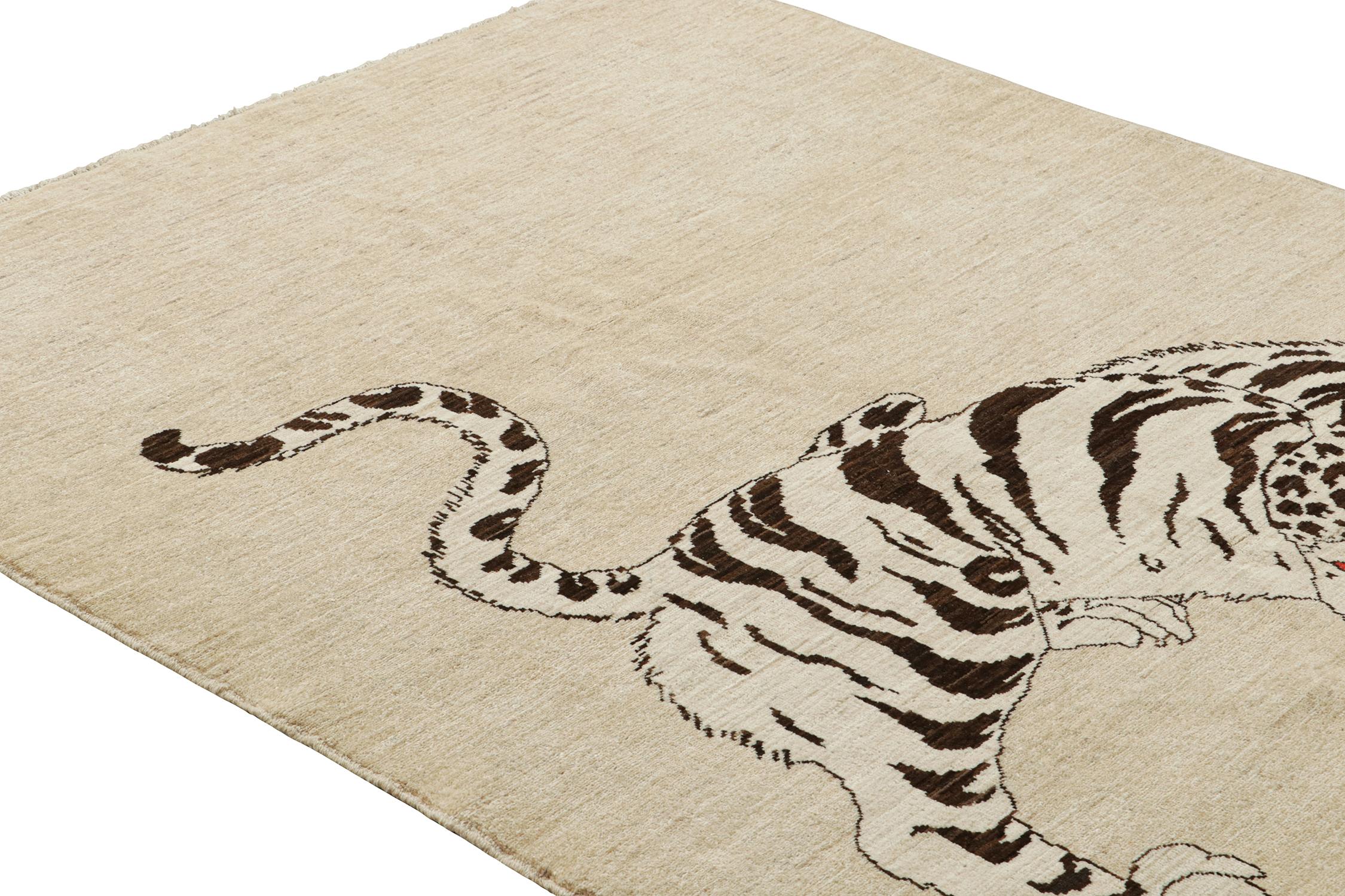Hand-Knotted Rug & Kilim’s Classic Style Tiger Rug in Beige with White and Brown Pictorial For Sale