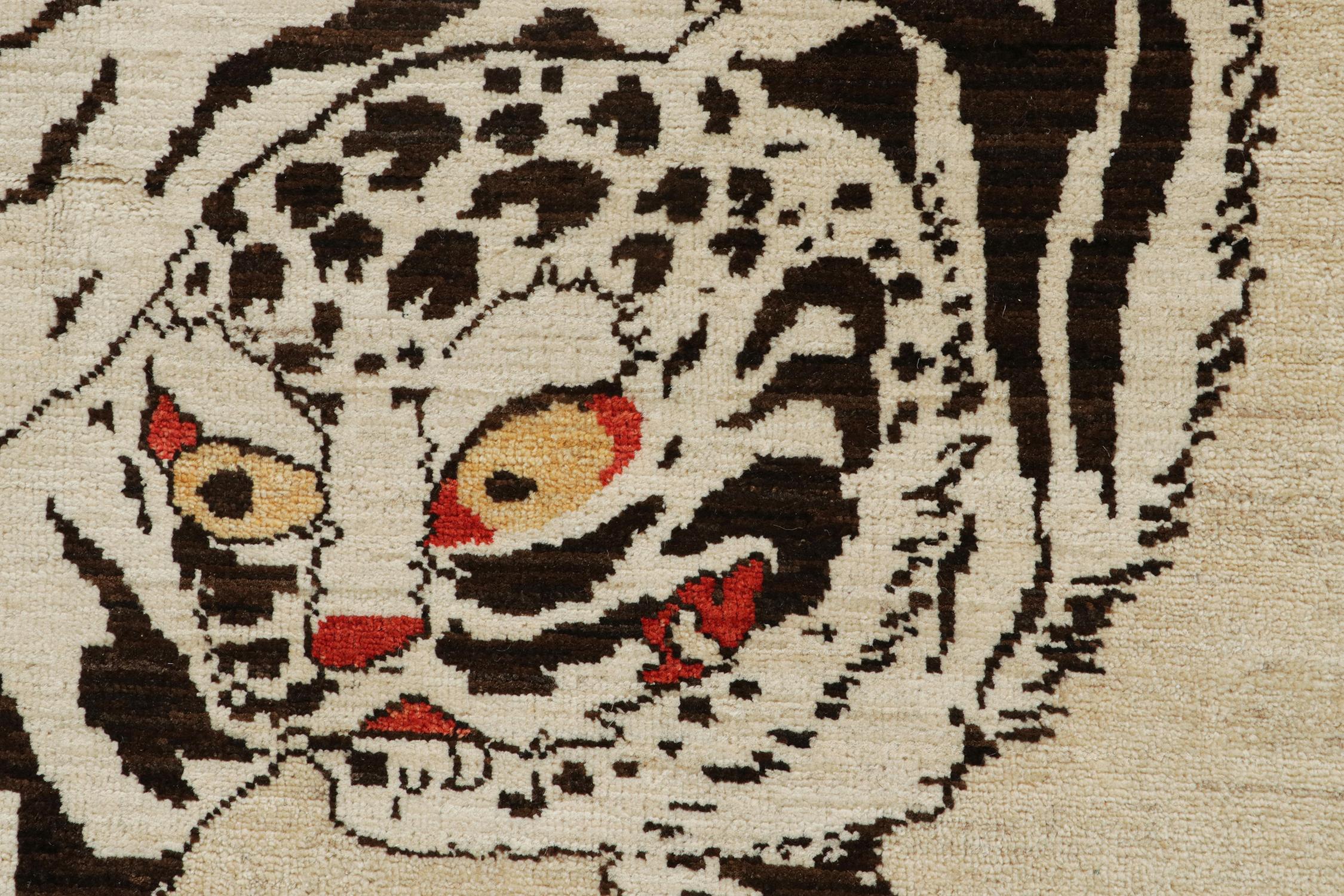 Contemporary Rug & Kilim’s Classic Style Tiger Rug in Beige with White and Brown Pictorial For Sale