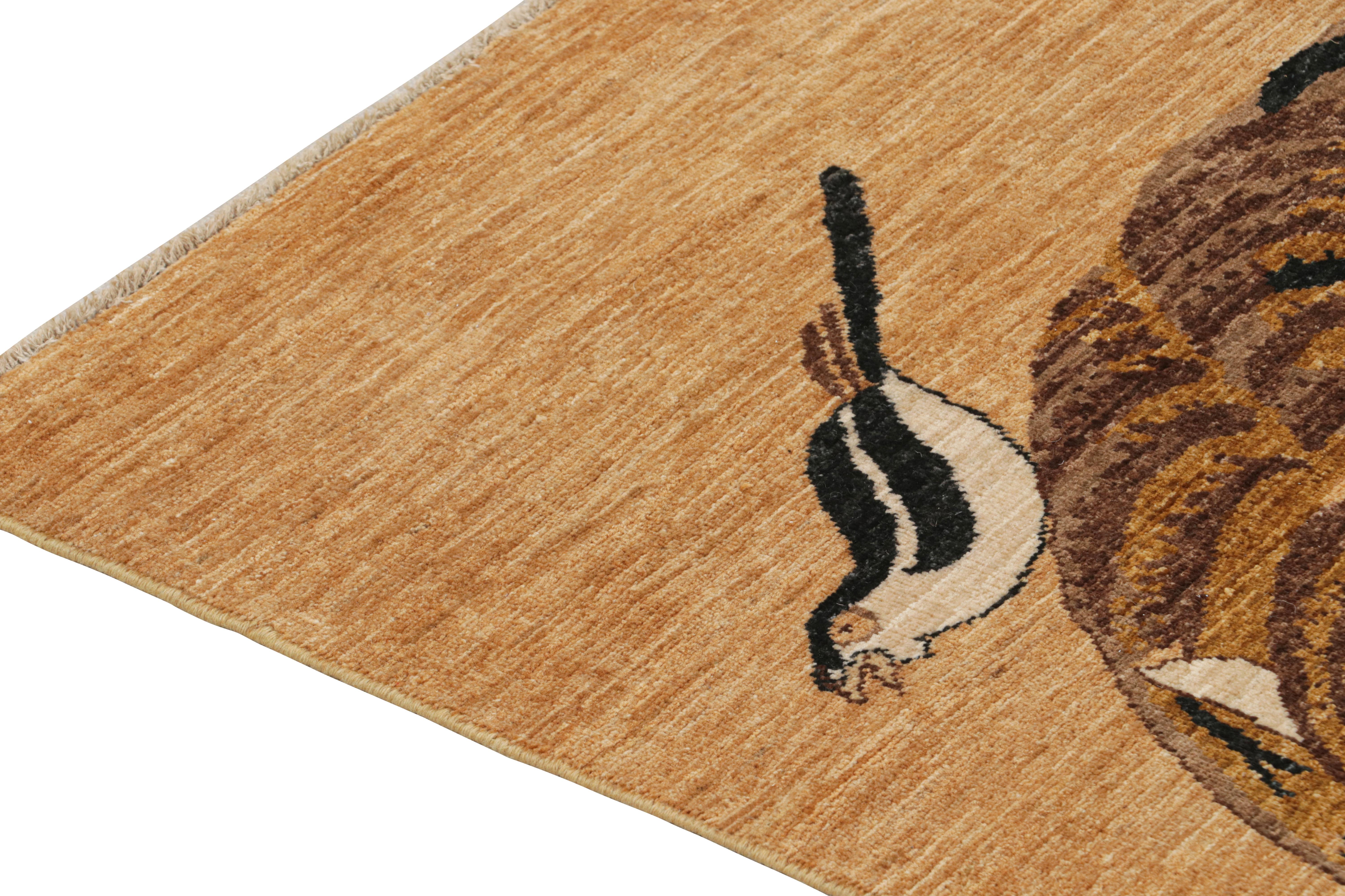 Pakistani Rug & Kilim’s Classic Style Tiger Rug in Brown, Gold & Black Pictorial For Sale