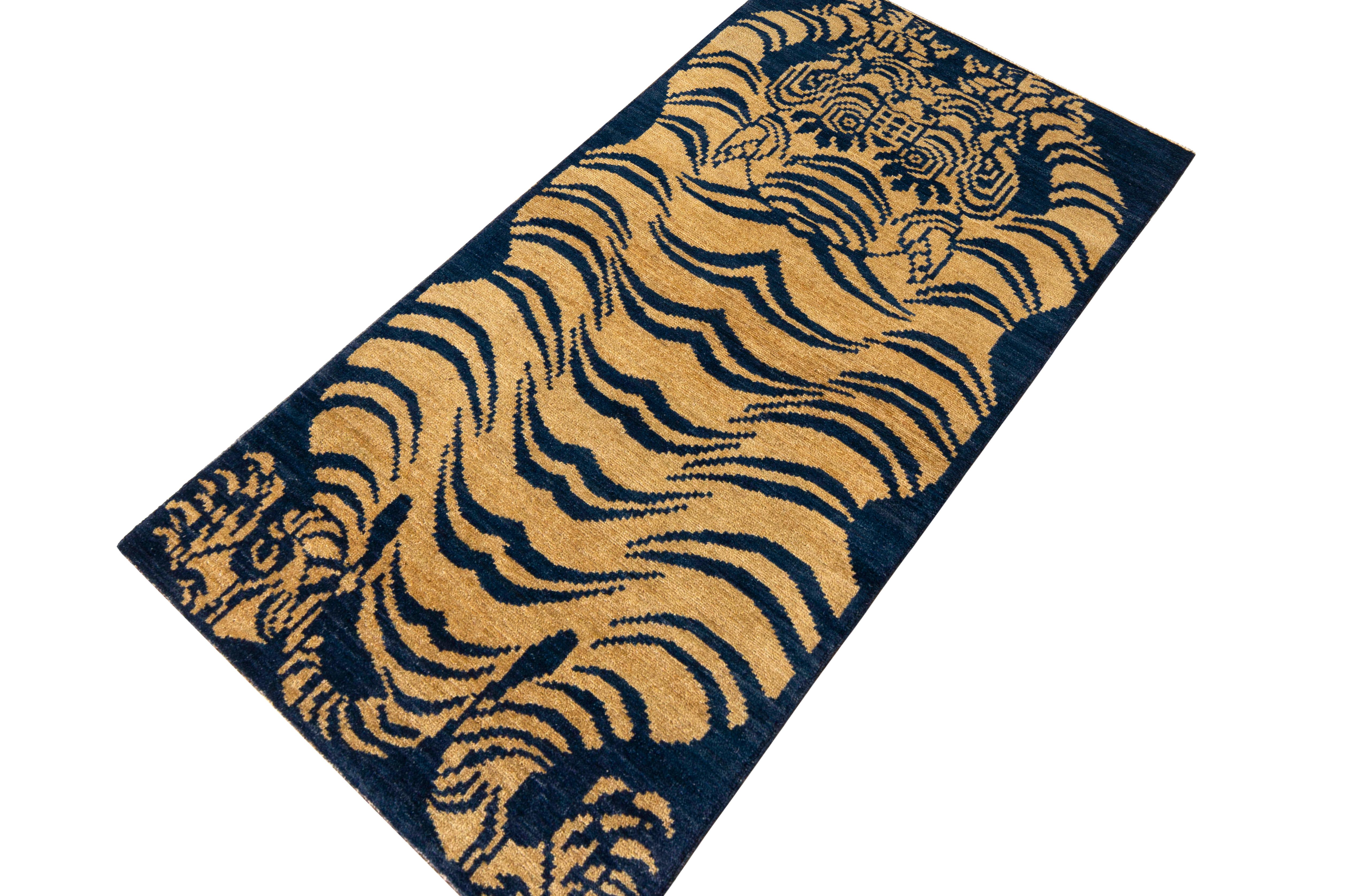 Modern Rug & Kilim’s Classic Style Tiger Rug in Gold and Blue All over Pattern