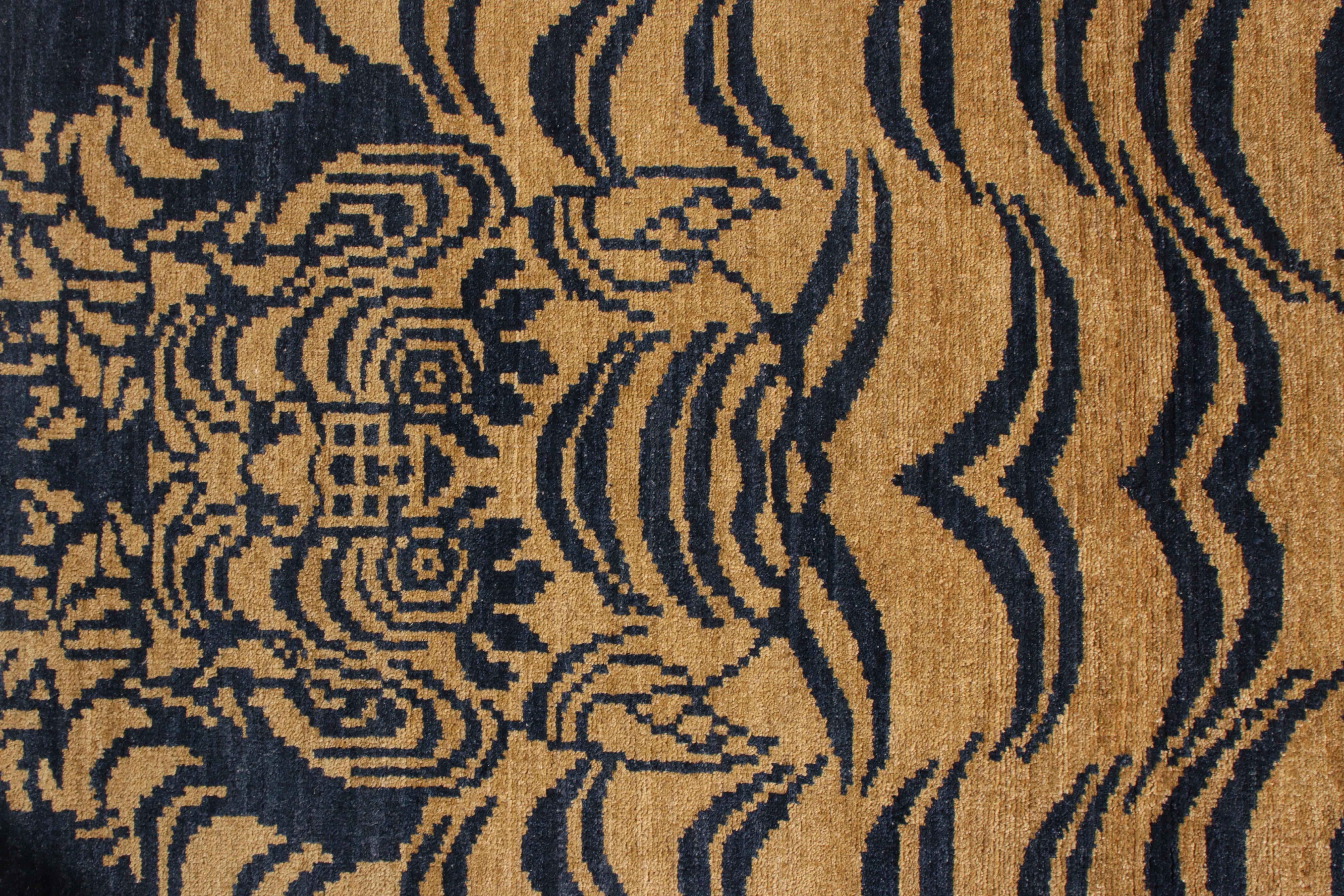 Afghan Rug & Kilim’s Classic Style Tiger Rug in Gold and Blue All over Pattern