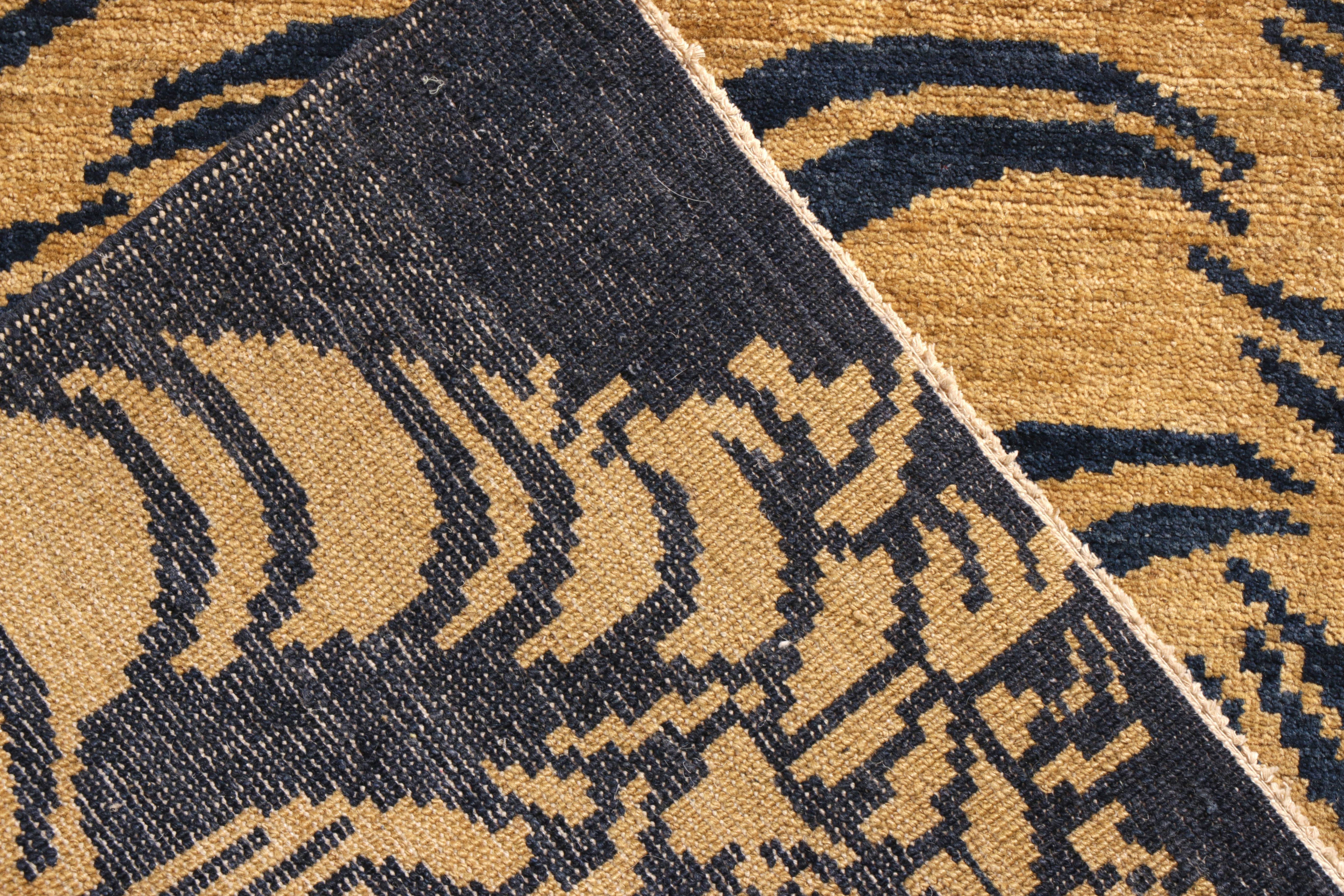 Hand-Knotted Rug & Kilim’s Classic Style Tiger Rug in Gold and Blue All over Pattern