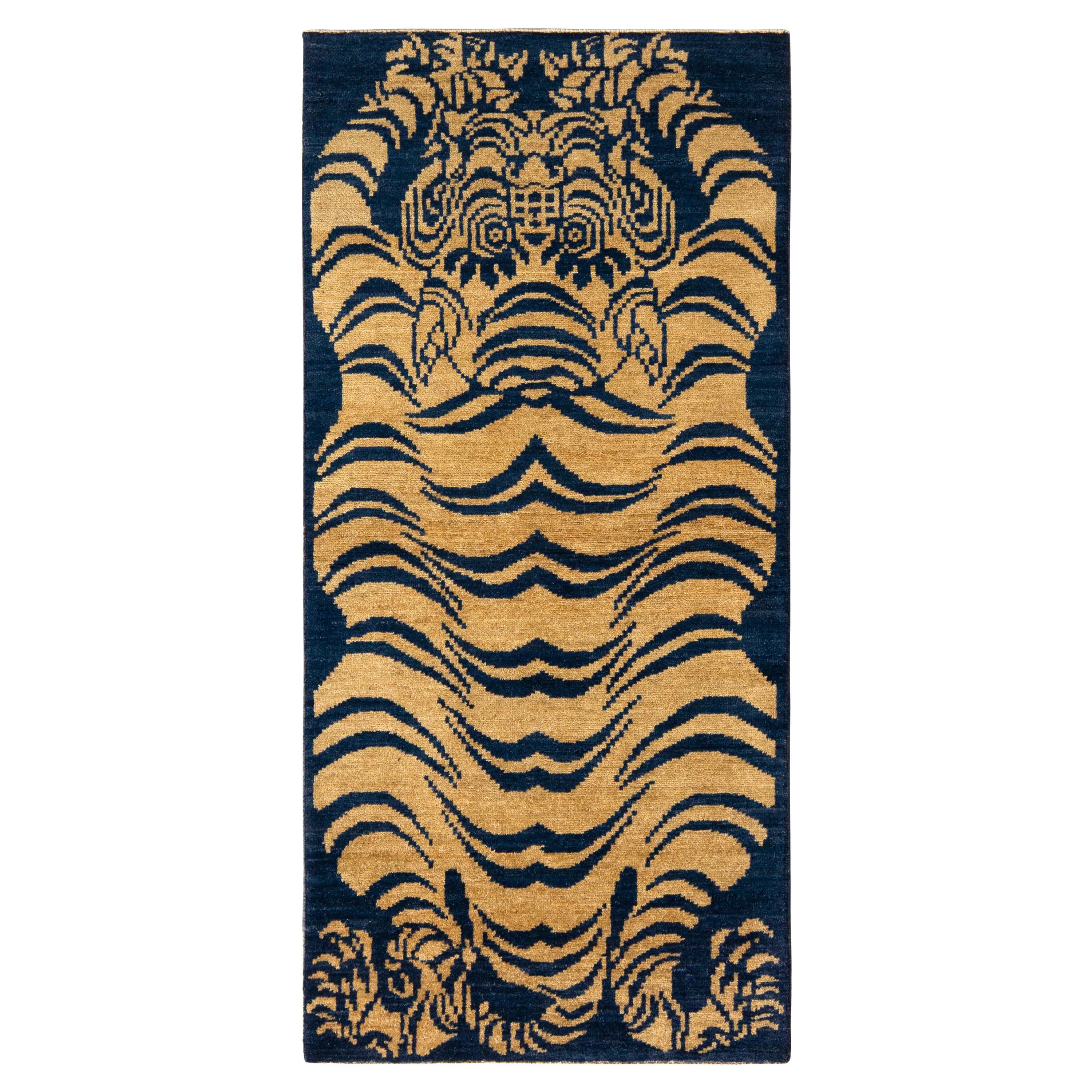 Rug & Kilim’s Classic Style Tiger Rug in Gold and Blue All over Pattern