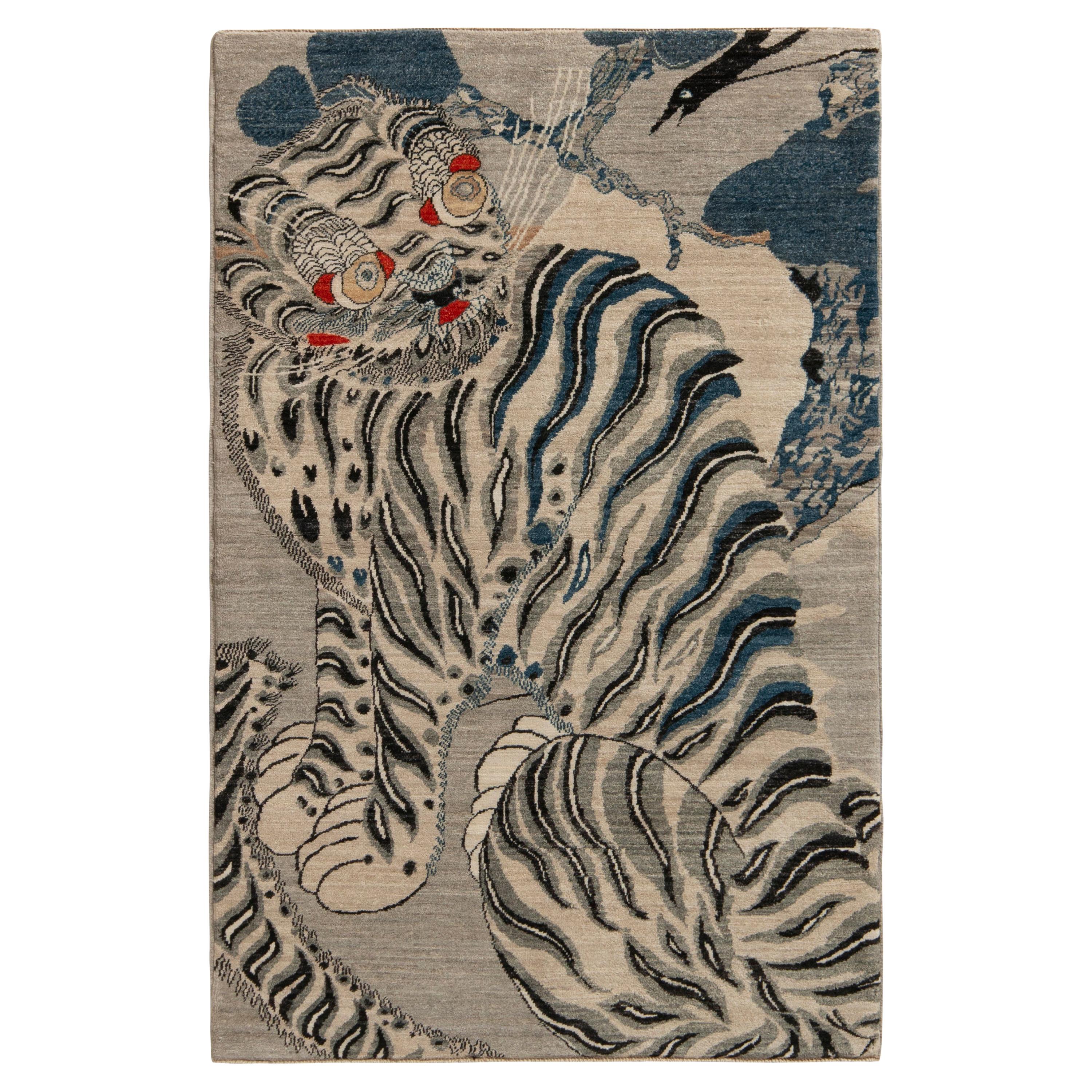 Rug & Kilim’s Classic Style Tiger Rug in Gray and Black Pictorial Pattern