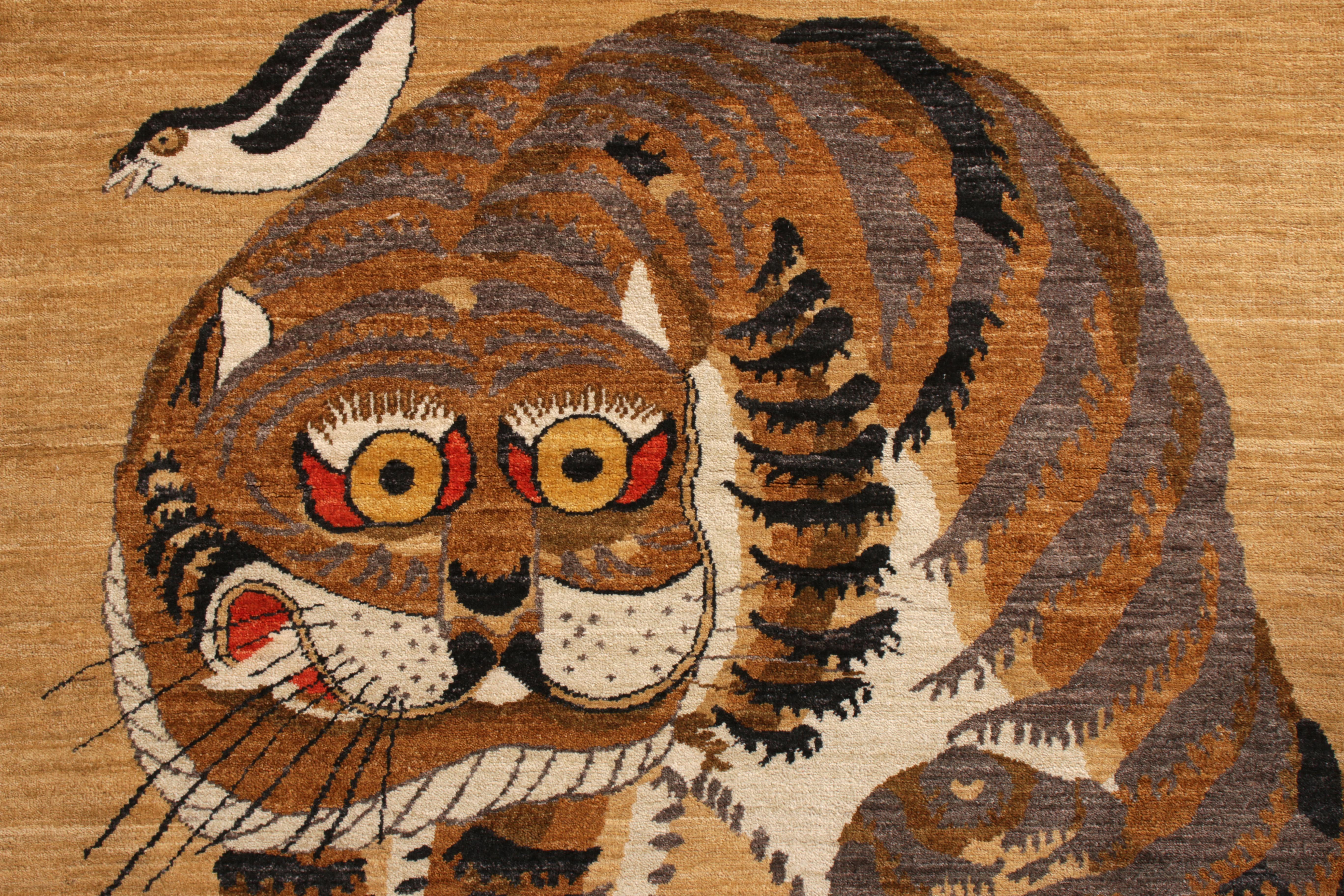 Afghan Rug & Kilim’s Classic Style Tiger Rug in Orange and Beige-Brown Pictorial For Sale