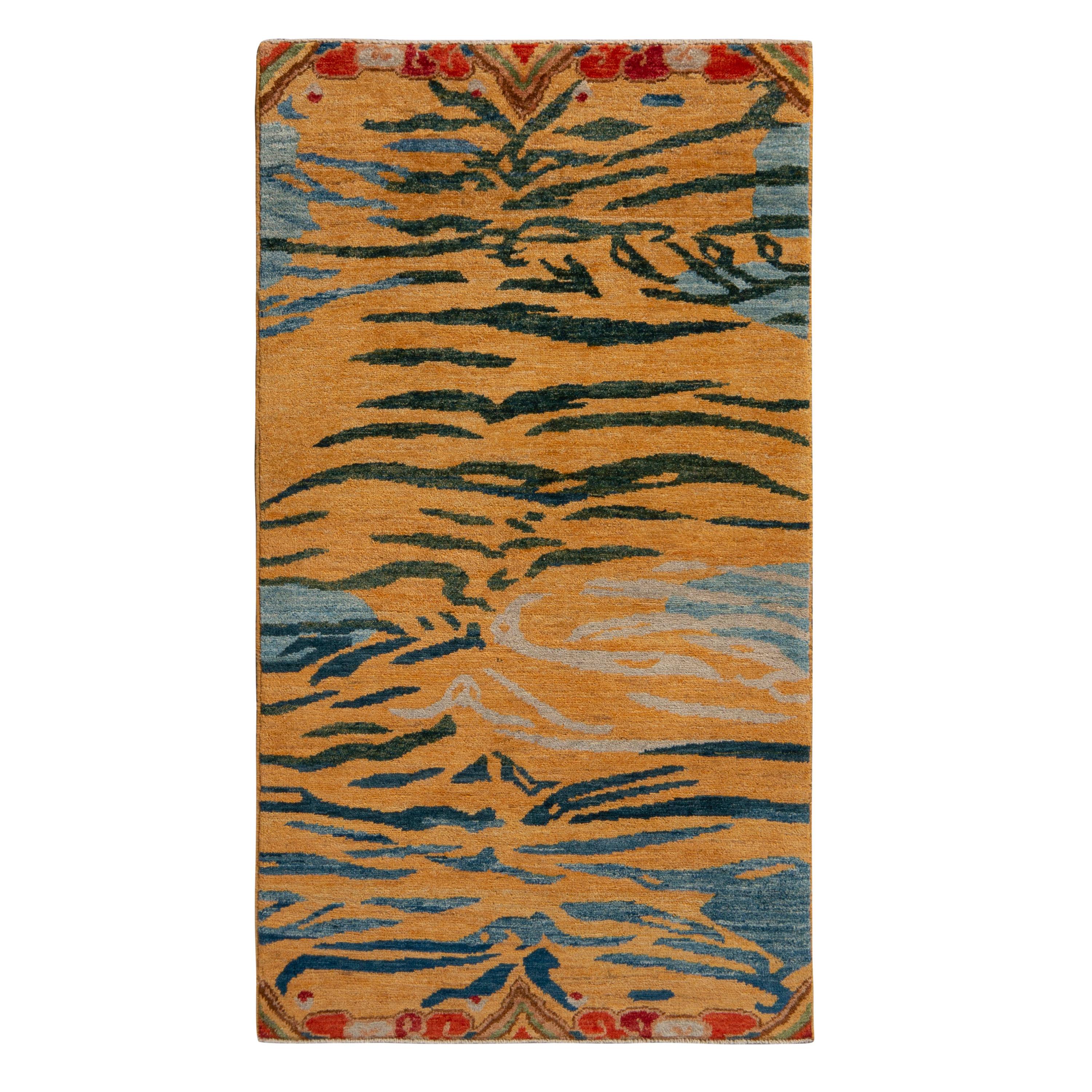 Rug & Kilim’s Classic Style Tiger Rug in Orange and Blue Abstract Stripe Pattern For Sale