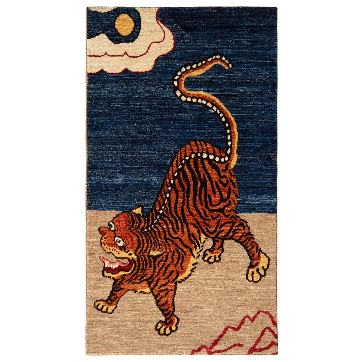 Rug and Kilim’s Classic Style Tiger Rug in Orange and Blue Pictorial ...