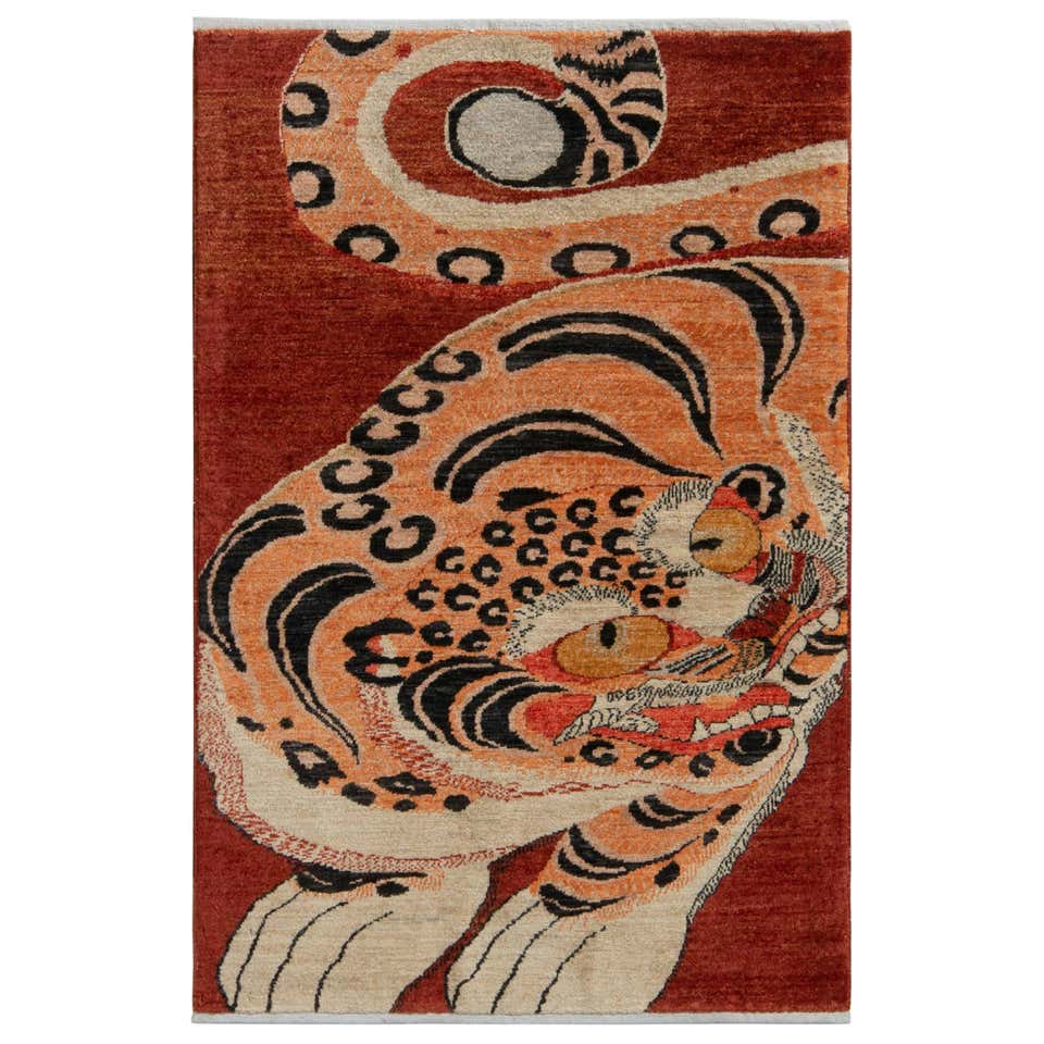 Rug and Kilim’s Oriental Style Tiger Rug in Beige-Brown and Blue ...