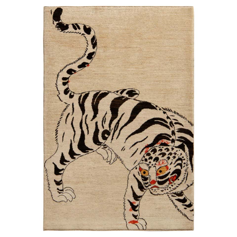 Rug and Kilim’s Classic Style Tiger Rug in Orange and Blue Pictorial ...