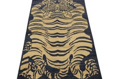 Rug & Kilim’s Classic Style Tiger Runner in Navy Blue and Gold Pictorial
