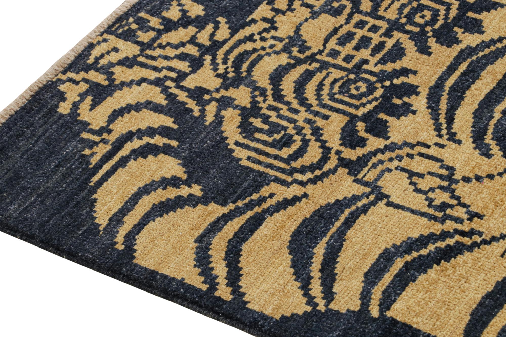 Pakistani Rug & Kilim’s Classic Style Tiger Runner in Navy Blue and Gold Pictorial For Sale