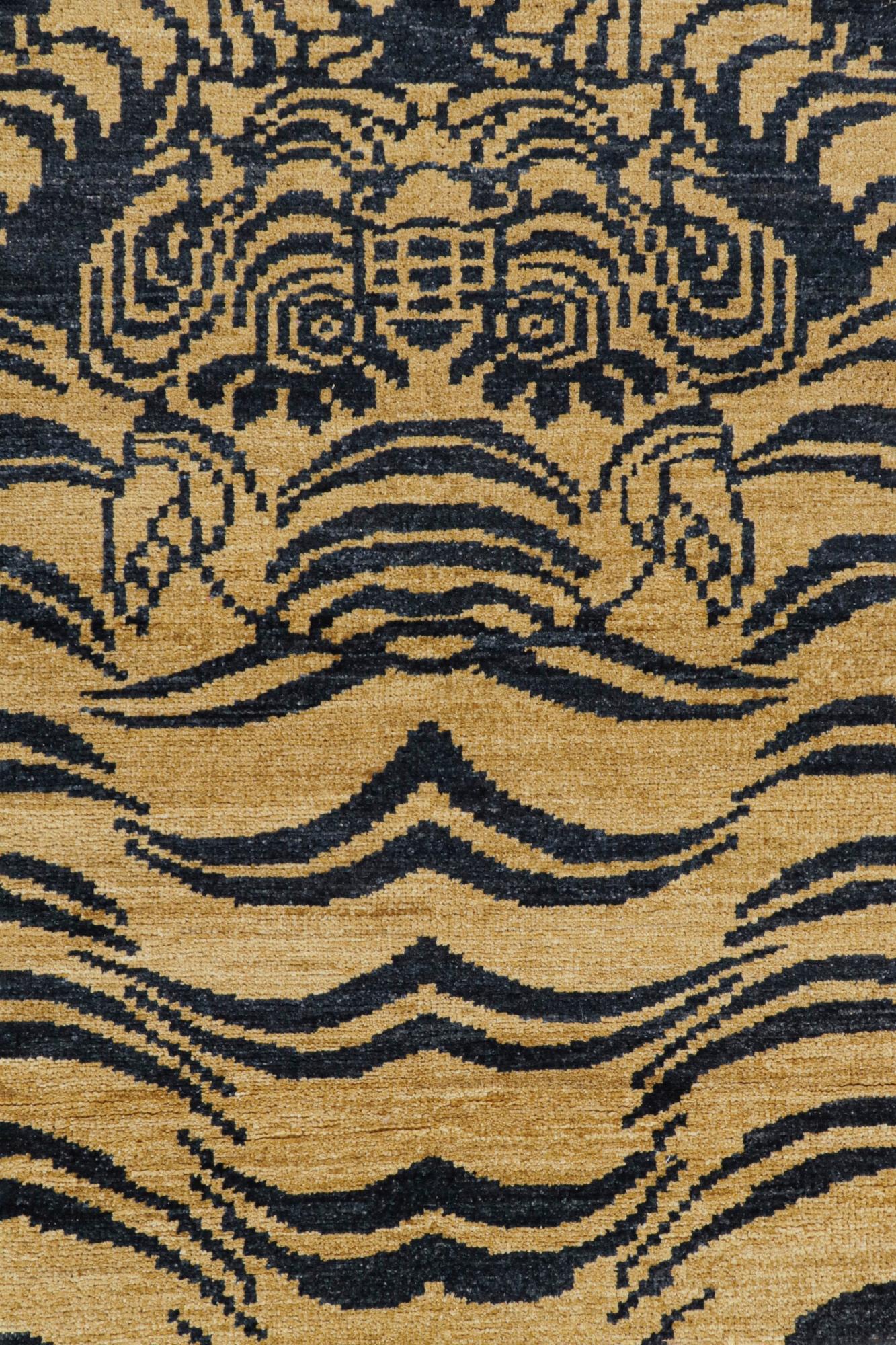 Hand-Knotted Rug & Kilim’s Classic Style Tiger Runner in Navy Blue and Gold Pictorial For Sale