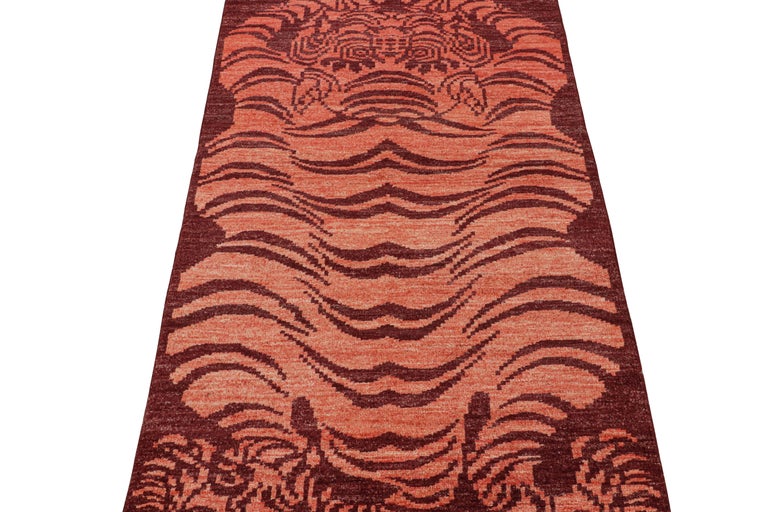 Rug and Kilim’s Classic Style Tiger Runner in Orange and Red Pictorial ...
