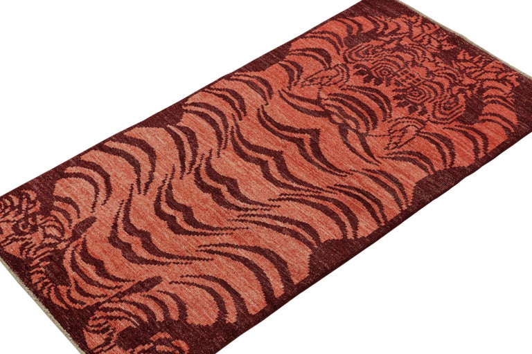Rug and Kilim’s Classic Style Tiger Runner in Orange and Red Pictorial ...