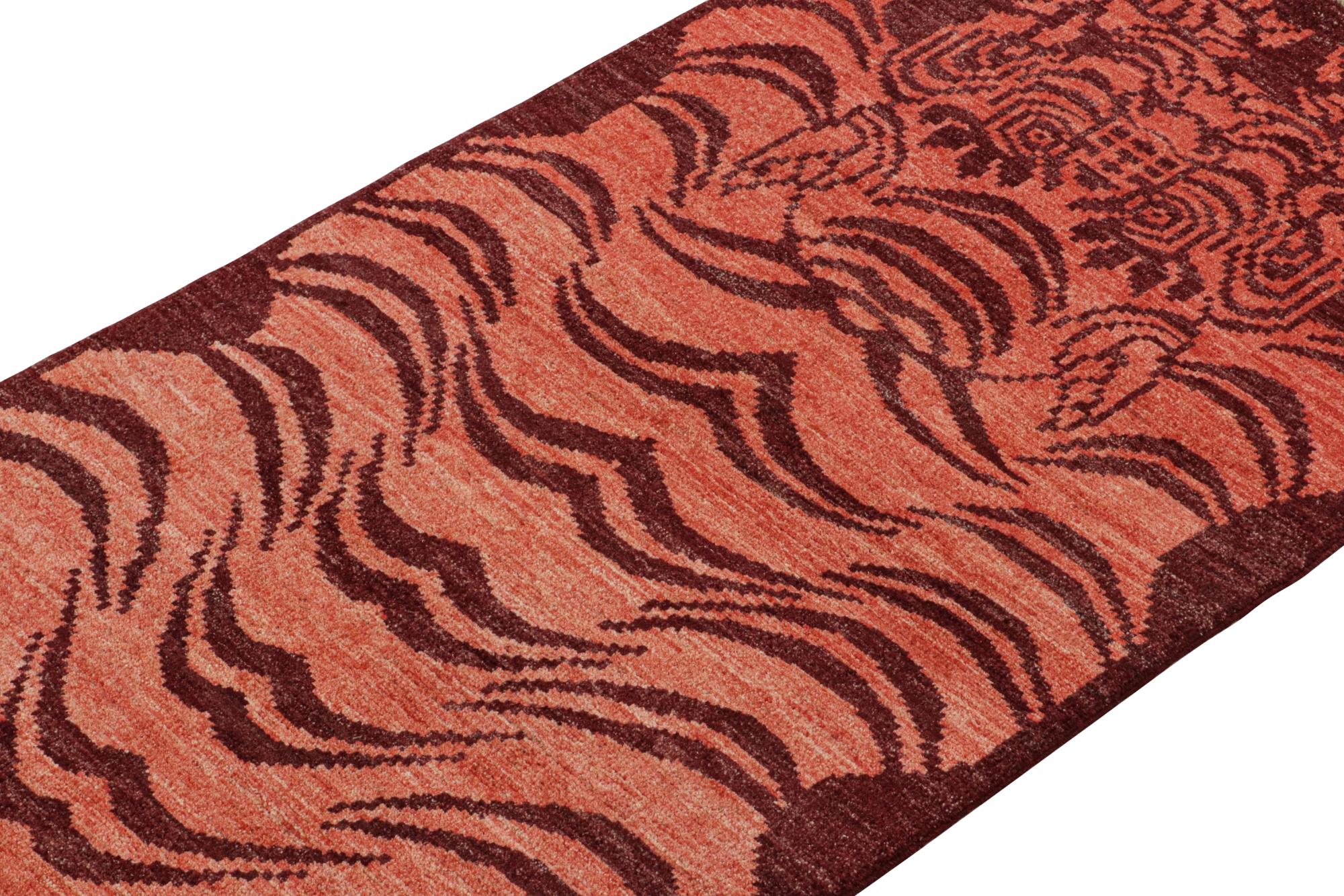 Hand-Knotted Rug & Kilim’s Classic Style Tiger Runner in Orange and Red Pictorial For Sale