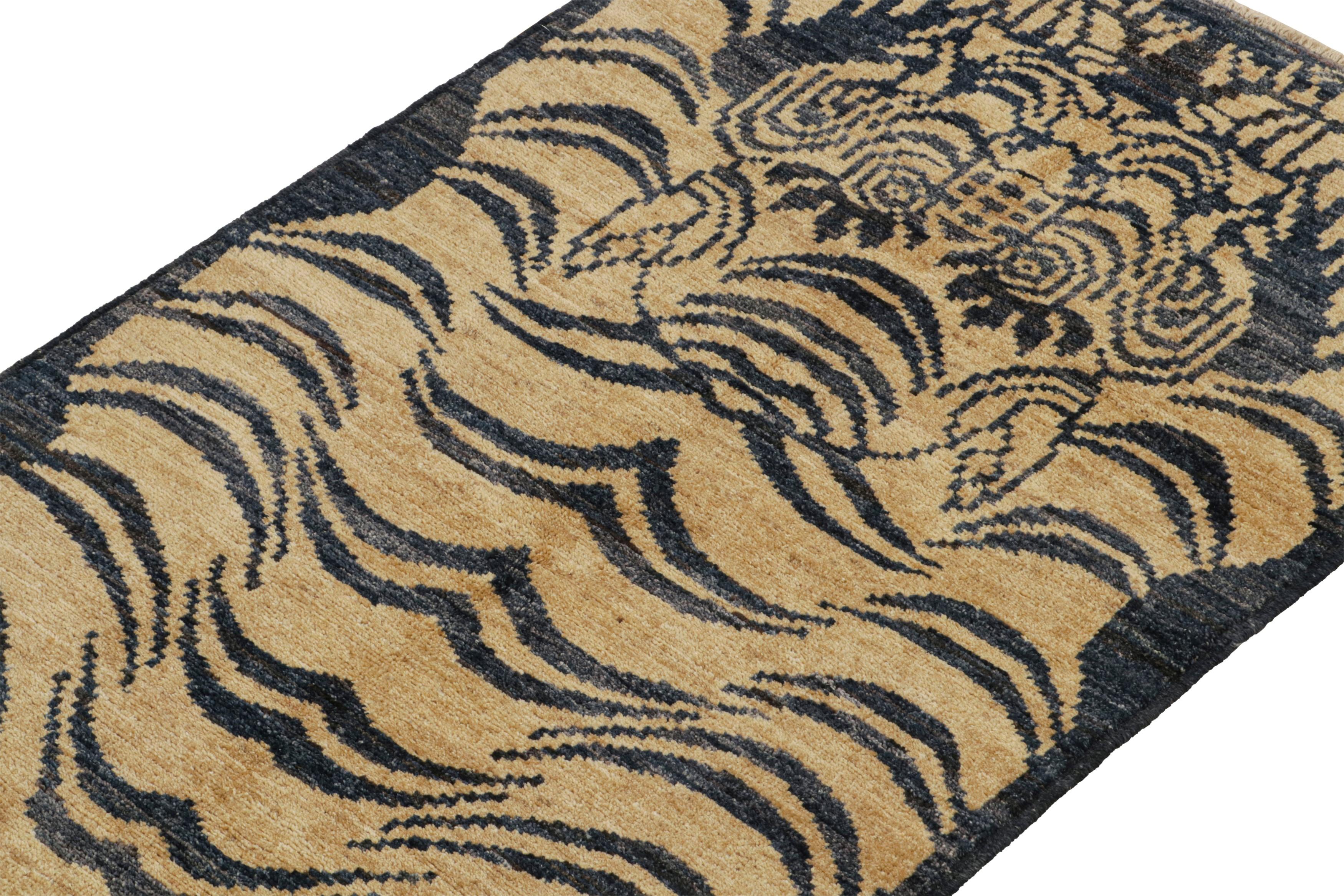 Modern Rug & Kilim’s Classic-Style Tiger-Skin Custom Runner with Blue & Gold Pictorial For Sale