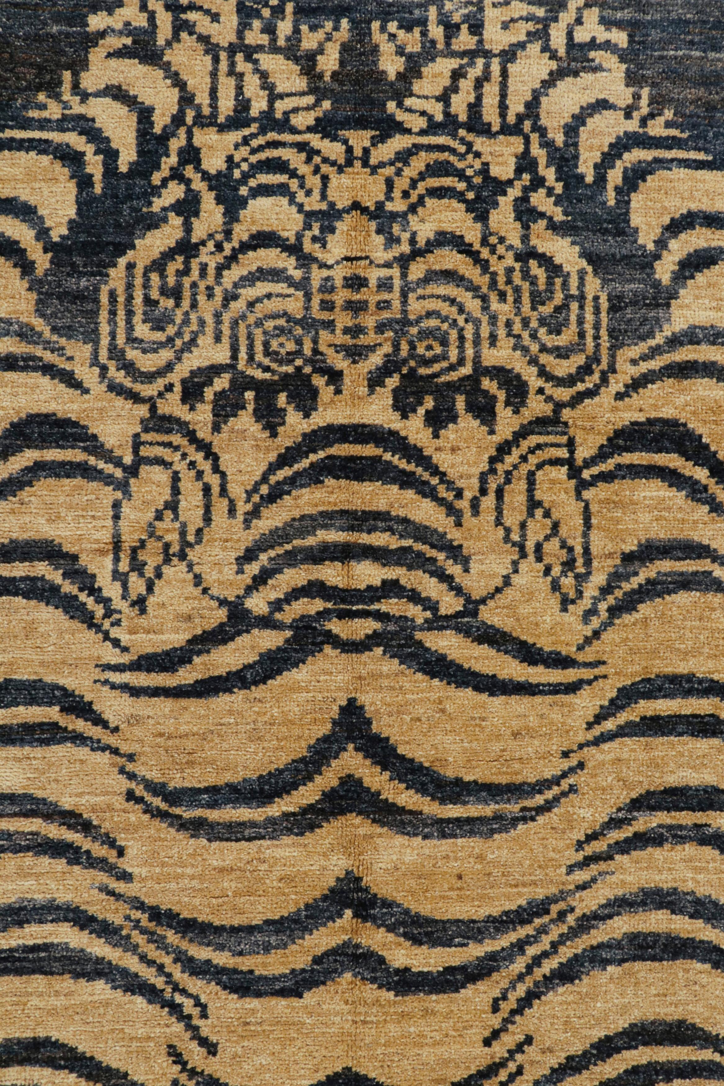 Hand-Knotted Rug & Kilim’s Classic-Style Tiger-Skin Custom Runner with Blue & Gold Pictorial For Sale