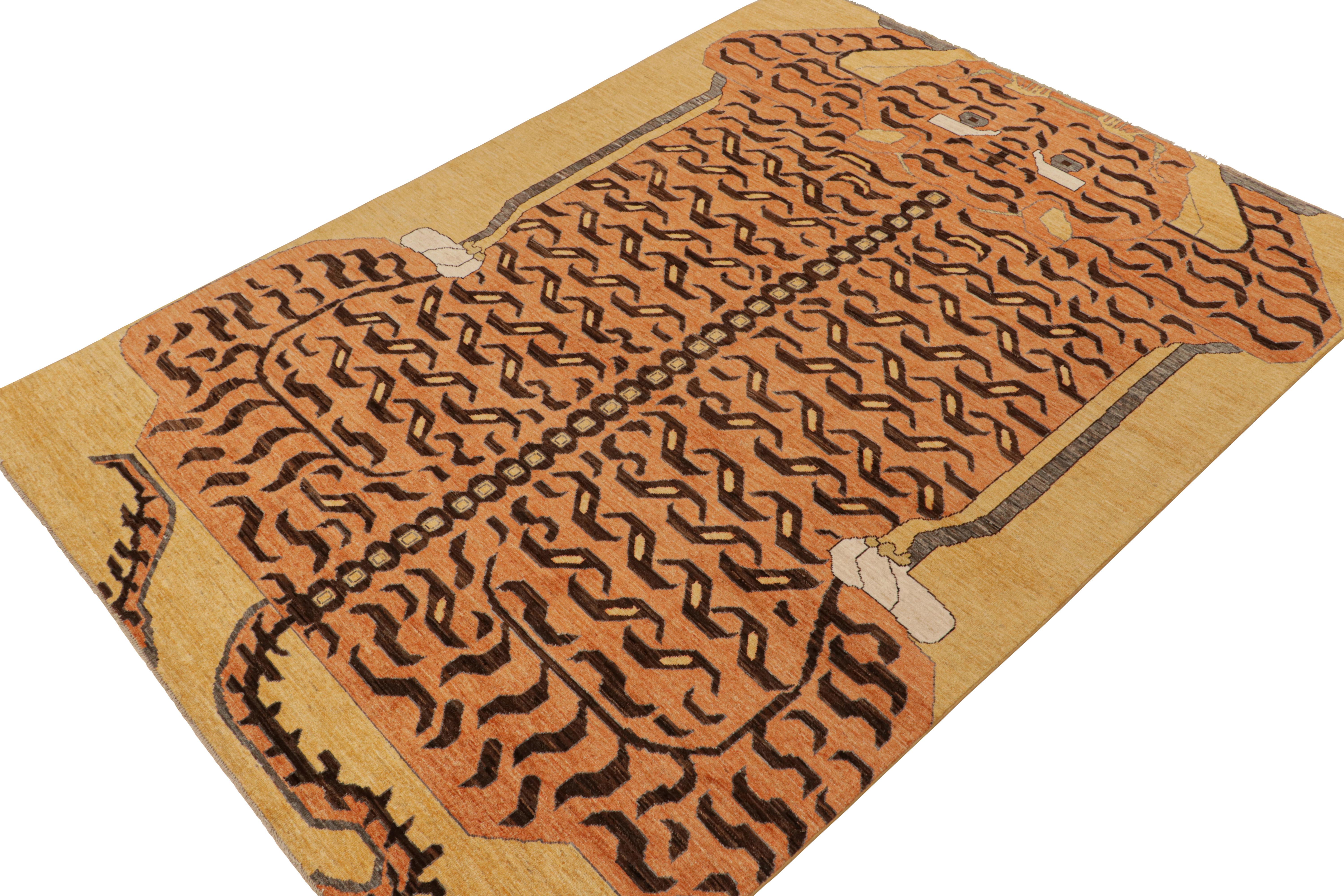 Hand-Knotted Rug & Kilim’s Classic-Style Tiger-Skin Rug Design with Orange & Brown Pictorial For Sale