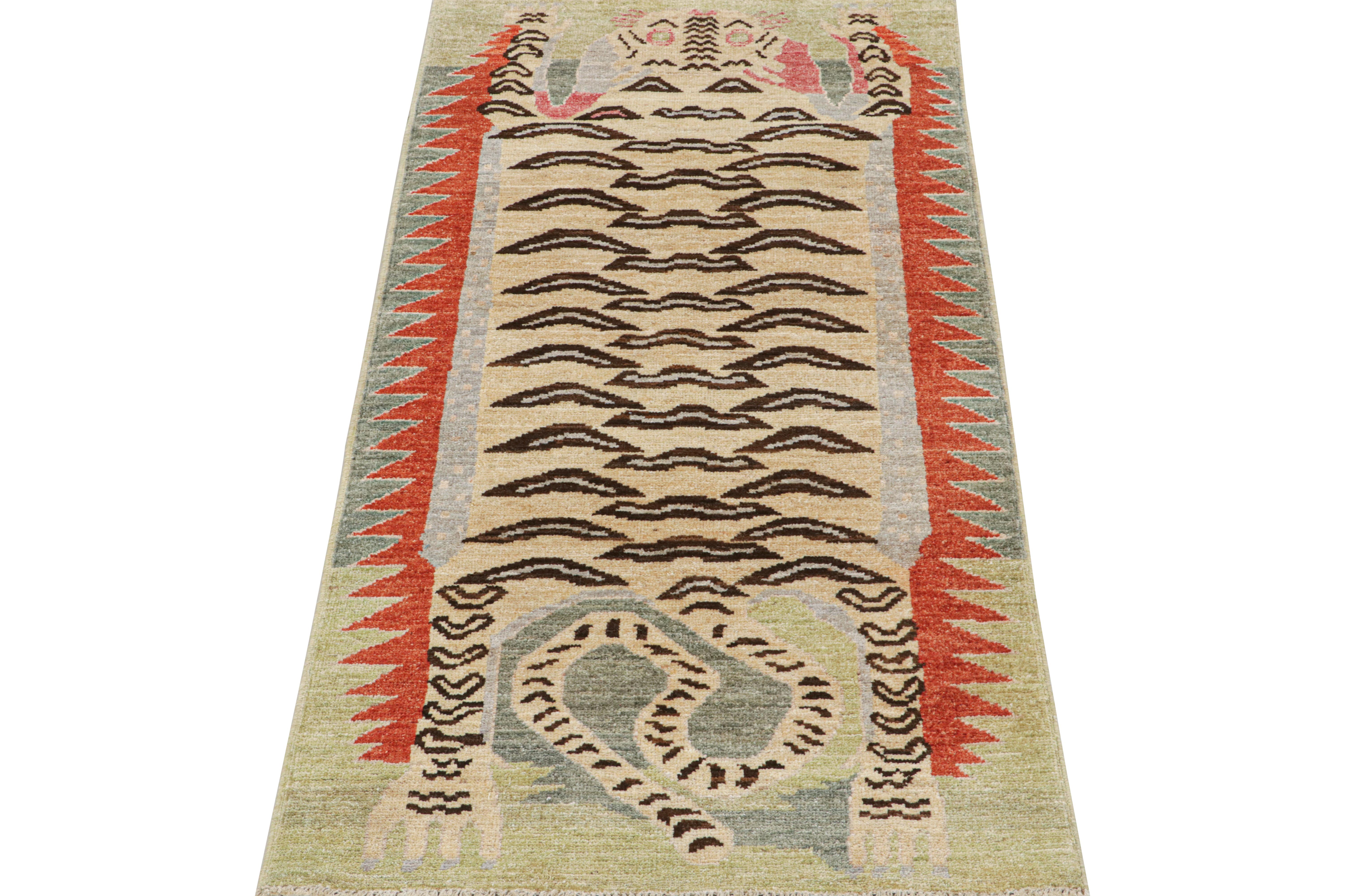 This contemporary 3x6 runner is a bold new addition to Rug & Kilim’s Tigers Collection. Our collection spans several cultures and recaptures iconic pictorial styles in folk art and handmade Oriental rugs alike.
Further on the Design:
This particular