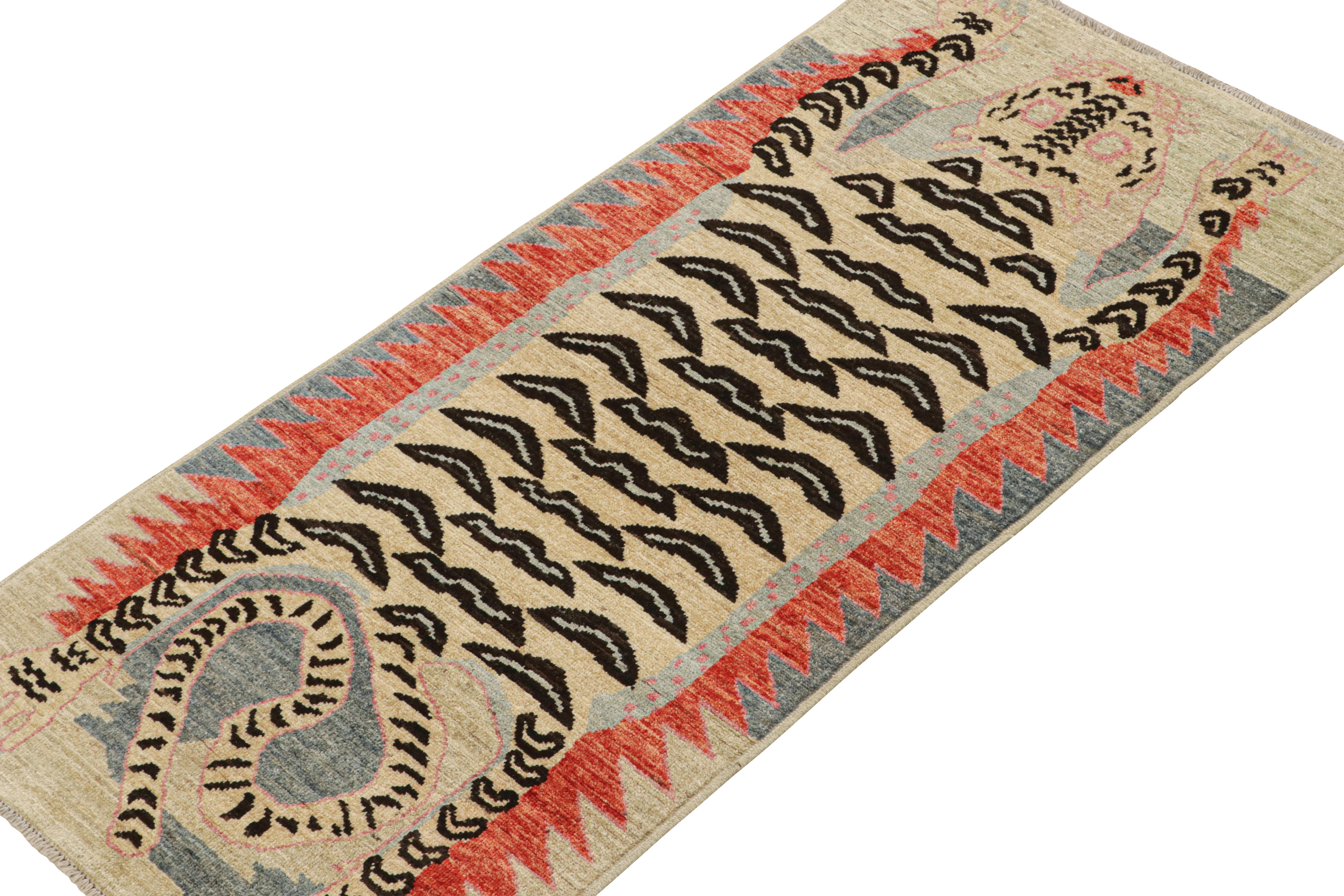 Pakistani Rug & Kilim’s Classic Style Tiger-Skin Runner in Beige with Geometric Pictorial For Sale