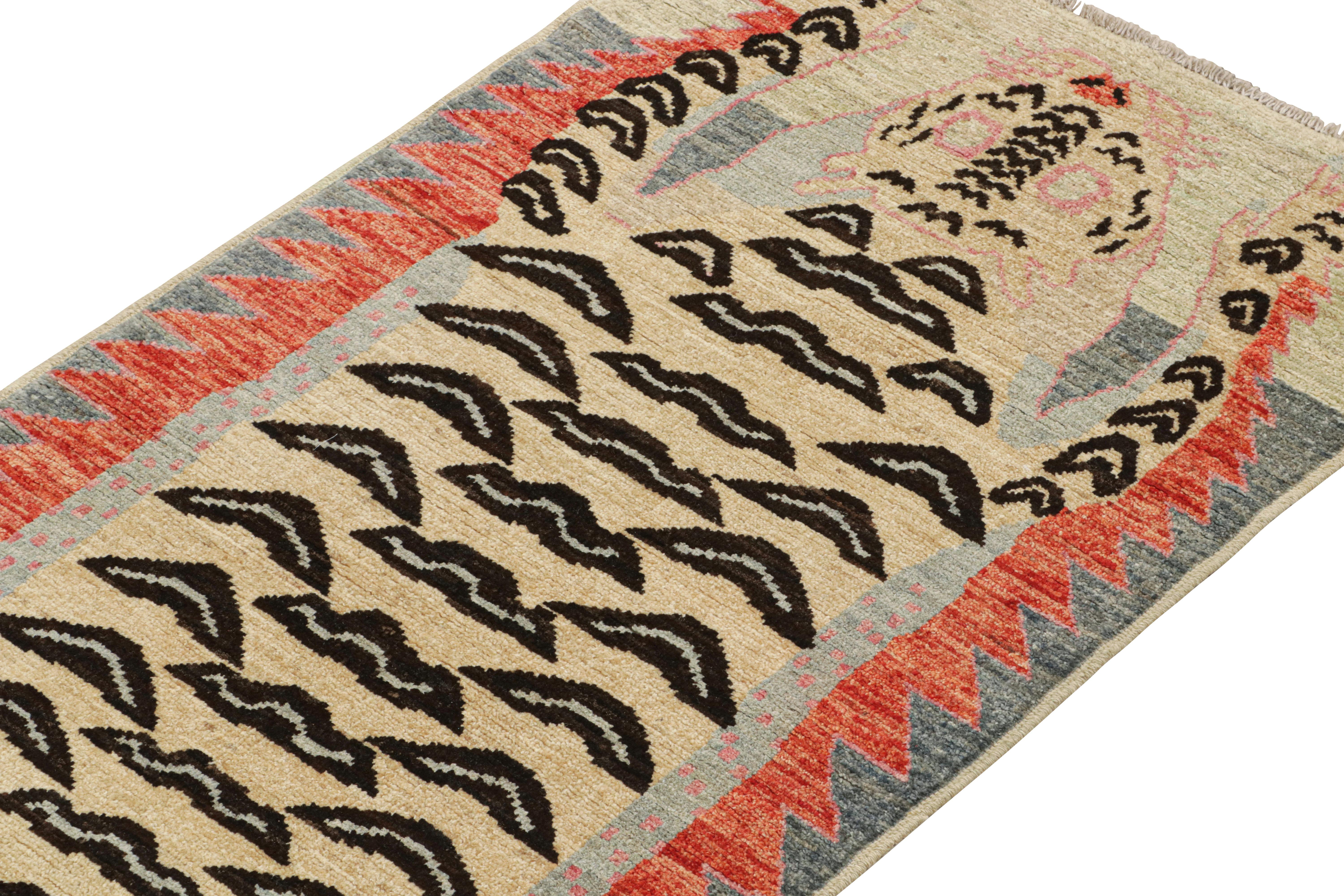 Hand-Knotted Rug & Kilim’s Classic Style Tiger-Skin Runner in Beige with Geometric Pictorial For Sale