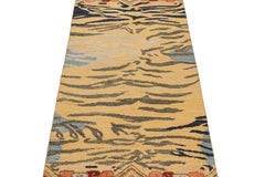 Rug & Kilim’s Classic Style Tiger-Skin Runner in Gold with Grey and Blue Stripe