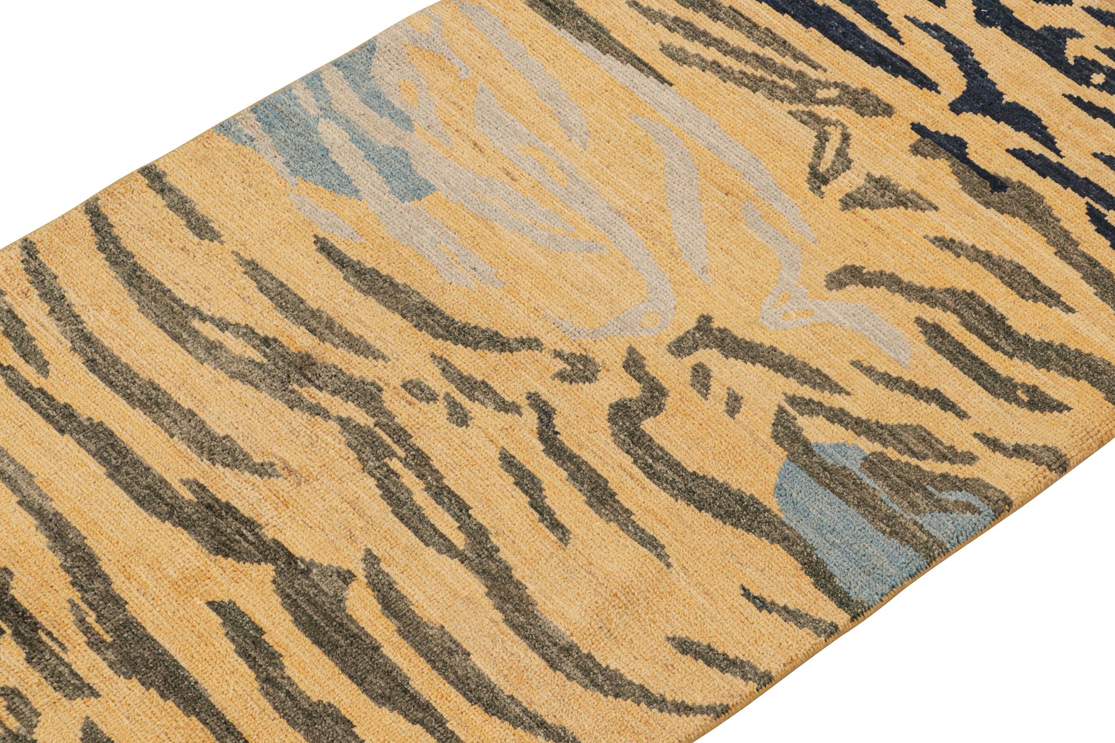Pakistani Rug & Kilim’s Classic Style Tiger-Skin Runner in Gold with Grey and Blue Stripe For Sale