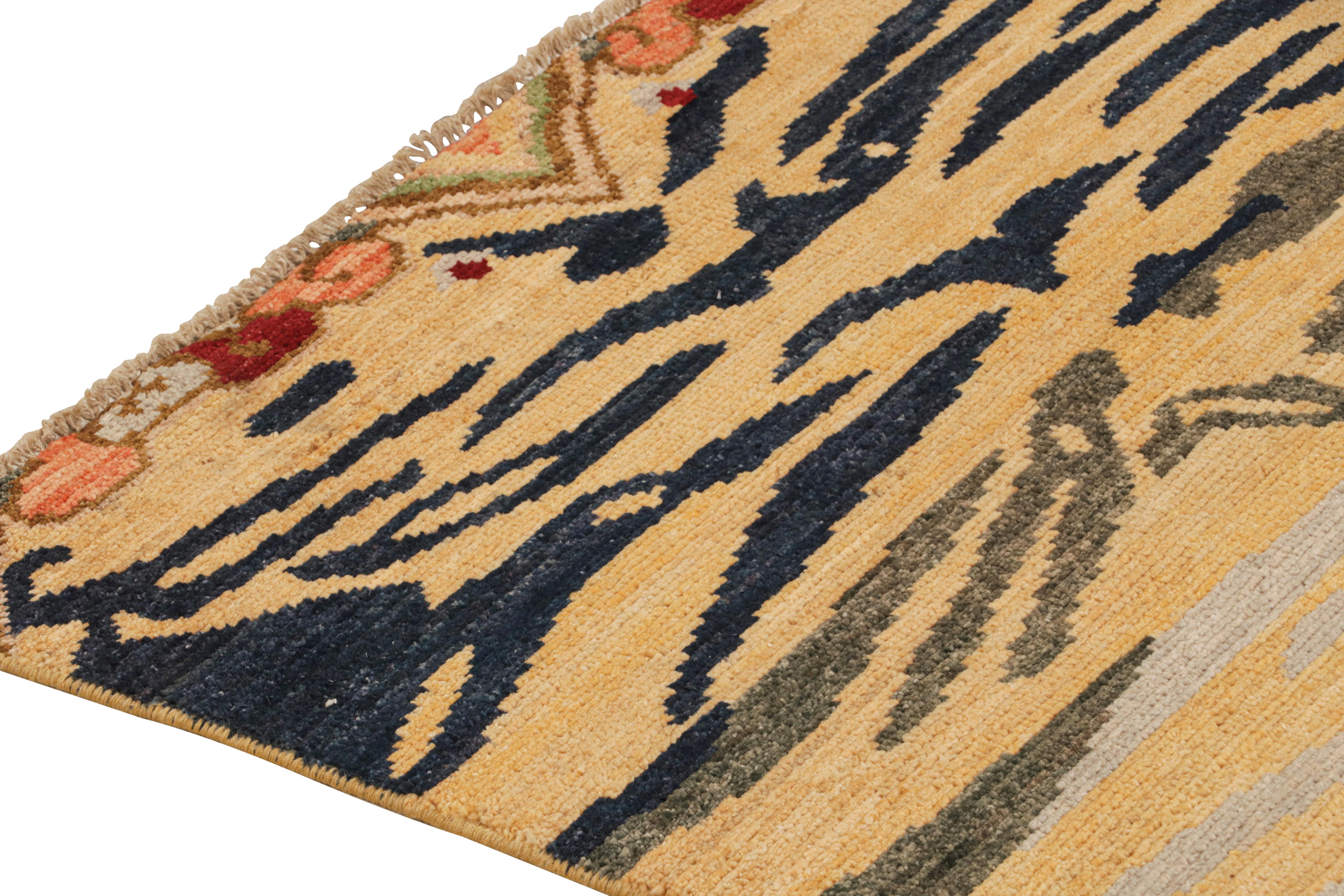 Hand-Knotted Rug & Kilim’s Classic Style Tiger-Skin Runner in Gold with Grey and Blue Stripe For Sale