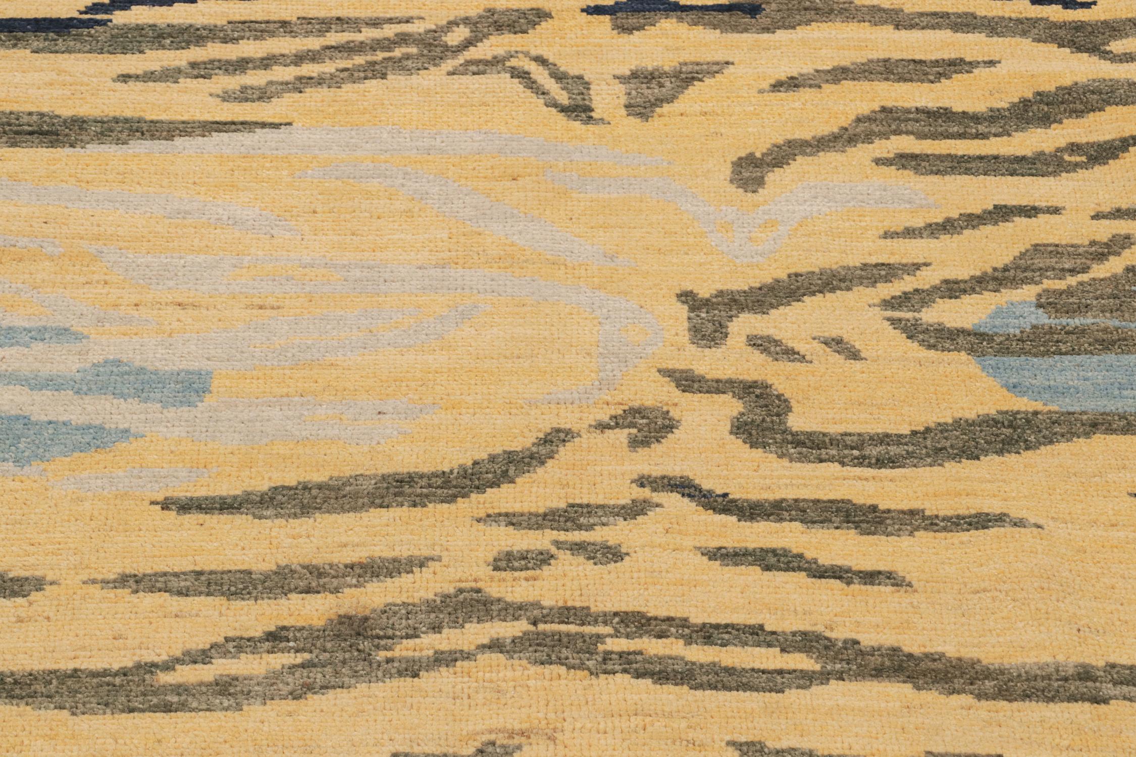 Rug & Kilim’s Classic Style Tiger-Skin Runner in Gold with Grey and Blue Stripe In New Condition For Sale In Long Island City, NY