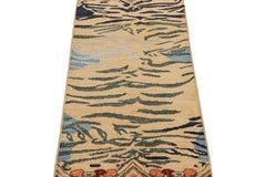 Rug & Kilim’s Classic Style Tiger-Skin Runner in Gold with Gray and Blue Stripes