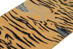 Rug & Kilim’s Classic Style Tiger-Skin Runner in Gold with Gray and Blue Stripes