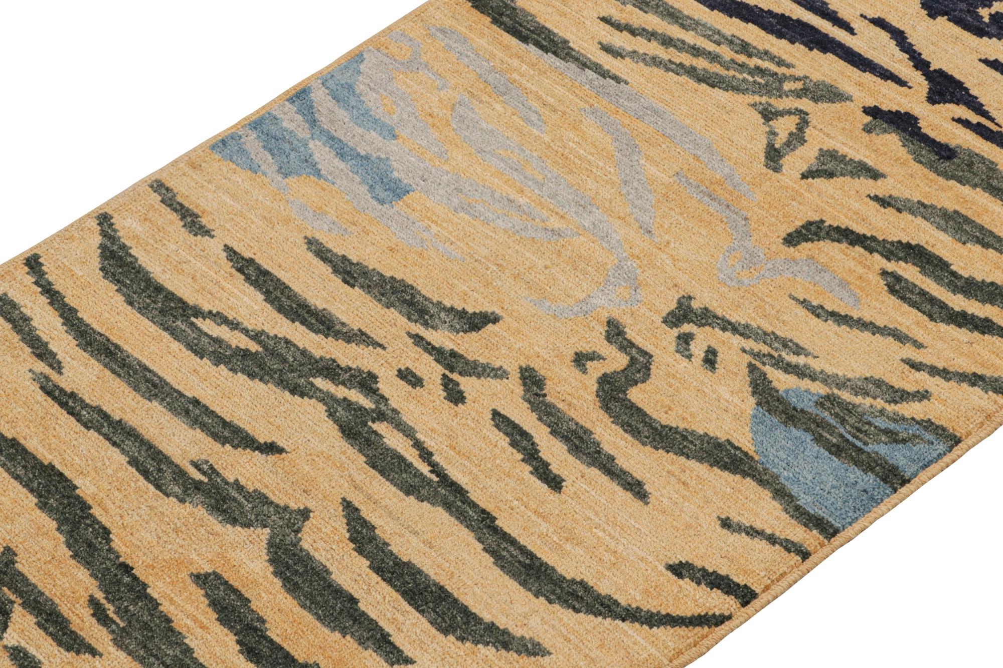 Pakistani Rug & Kilim’s Classic Style Tiger-Skin Runner in Gold with Gray and Blue Stripes For Sale