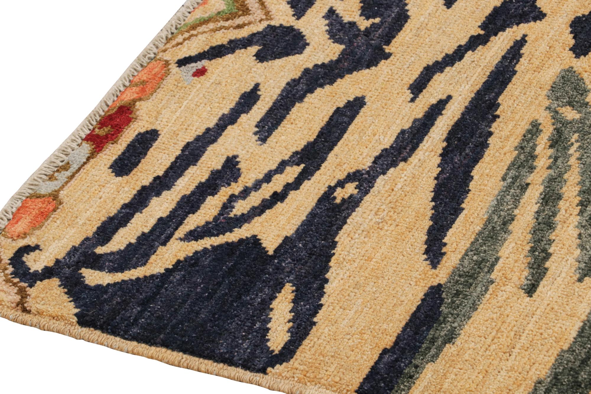 Hand-Knotted Rug & Kilim’s Classic Style Tiger-Skin Runner in Gold with Gray and Blue Stripes For Sale