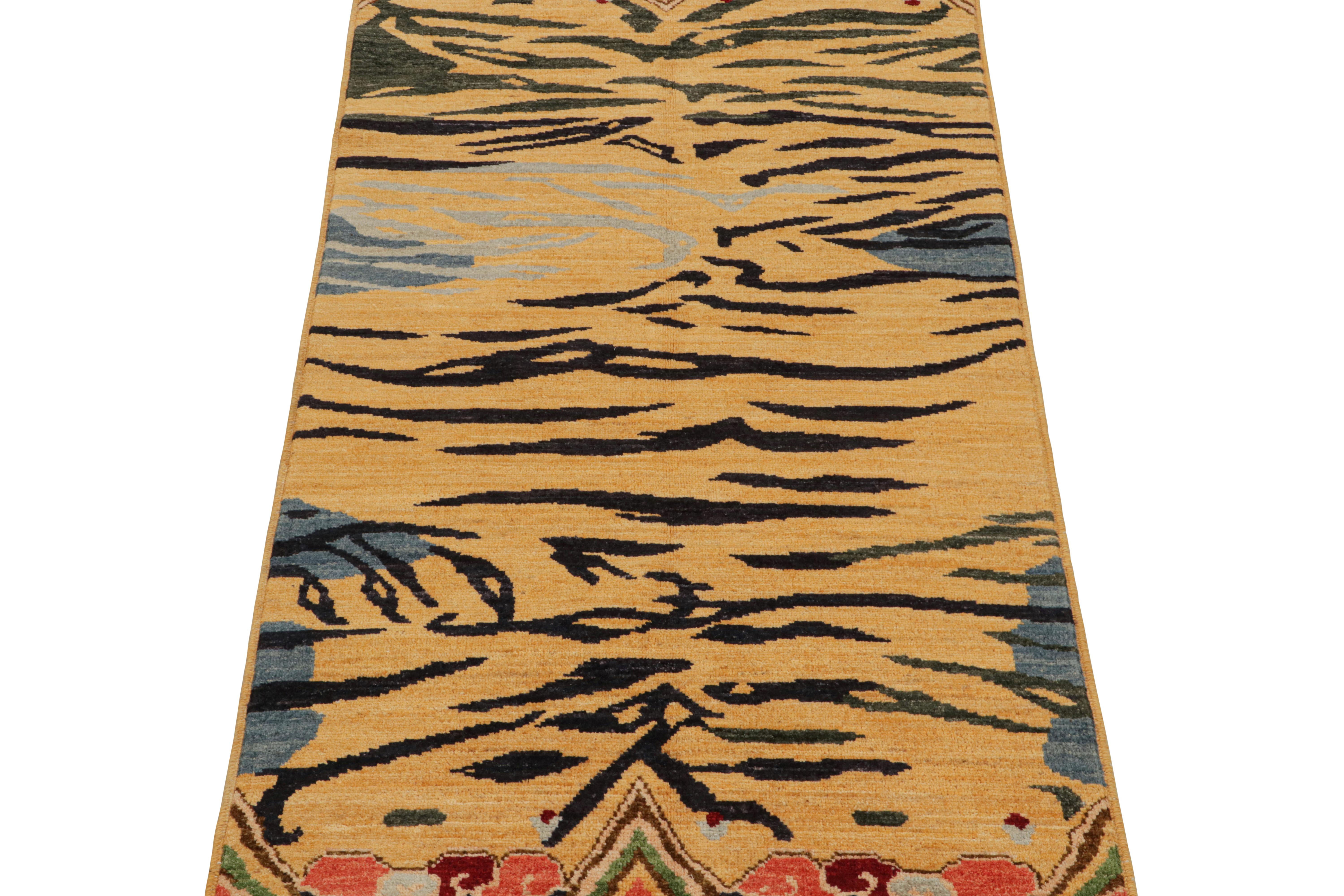 Rug & Kilim’s Classic Style Tiger-Skin Runner in Gold with Gray and Blue Stripes In New Condition For Sale In Long Island City, NY