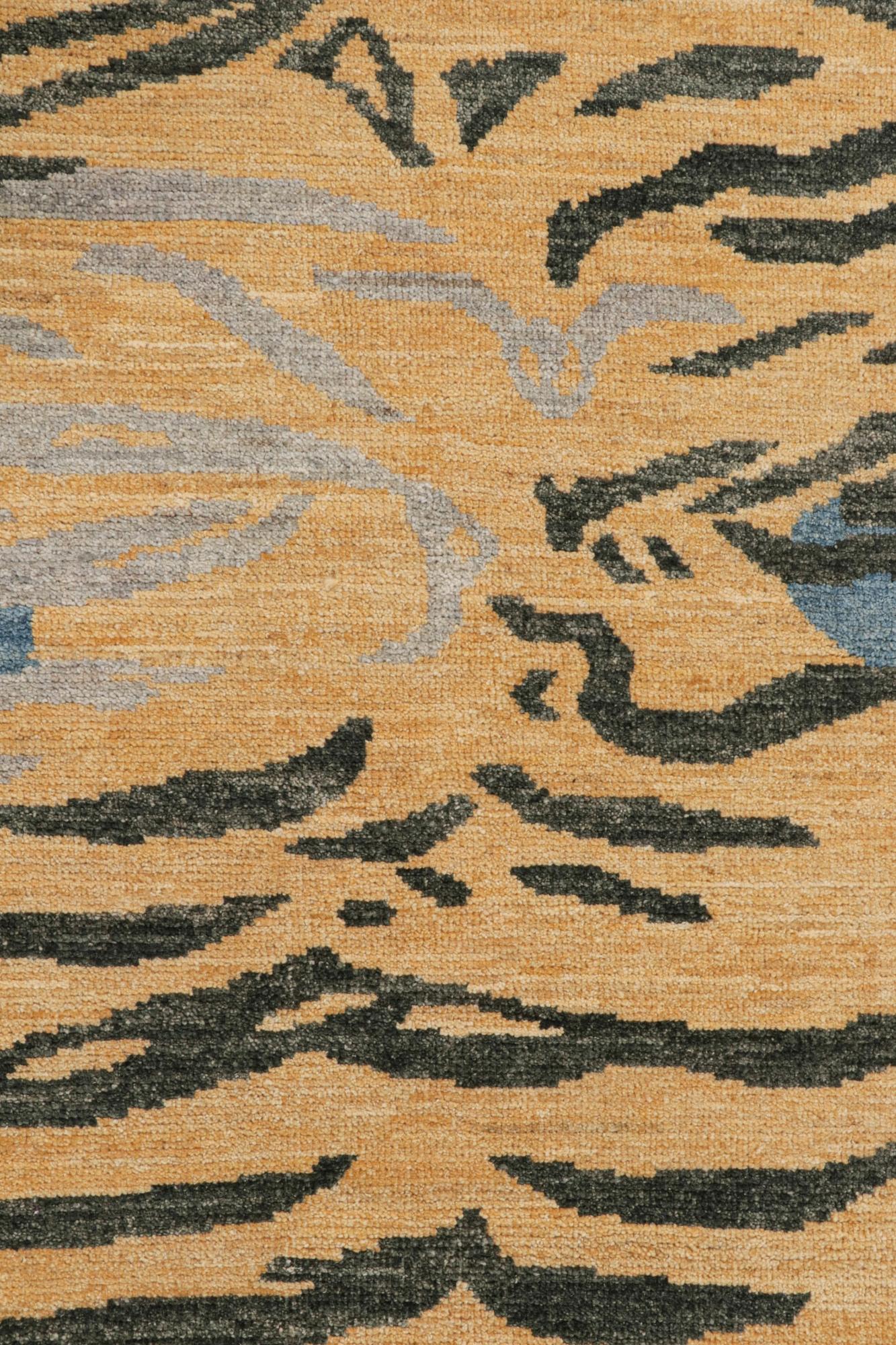Rug & Kilim’s Classic Style Tiger-Skin Runner in Gold with Gray and Blue Stripes In New Condition For Sale In Long Island City, NY