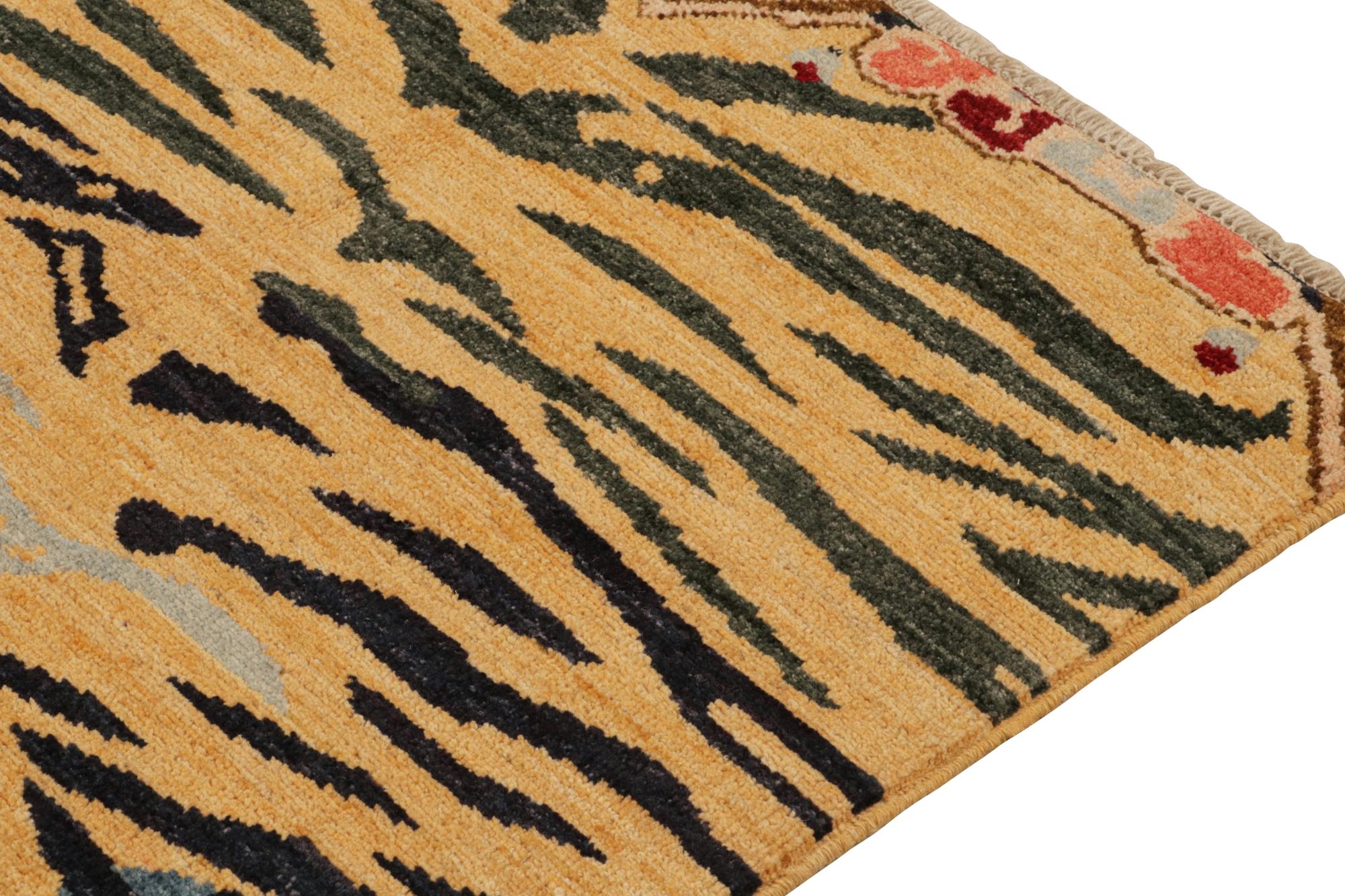 Contemporary Rug & Kilim’s Classic Style Tiger-Skin Runner in Gold with Gray and Blue Stripes For Sale