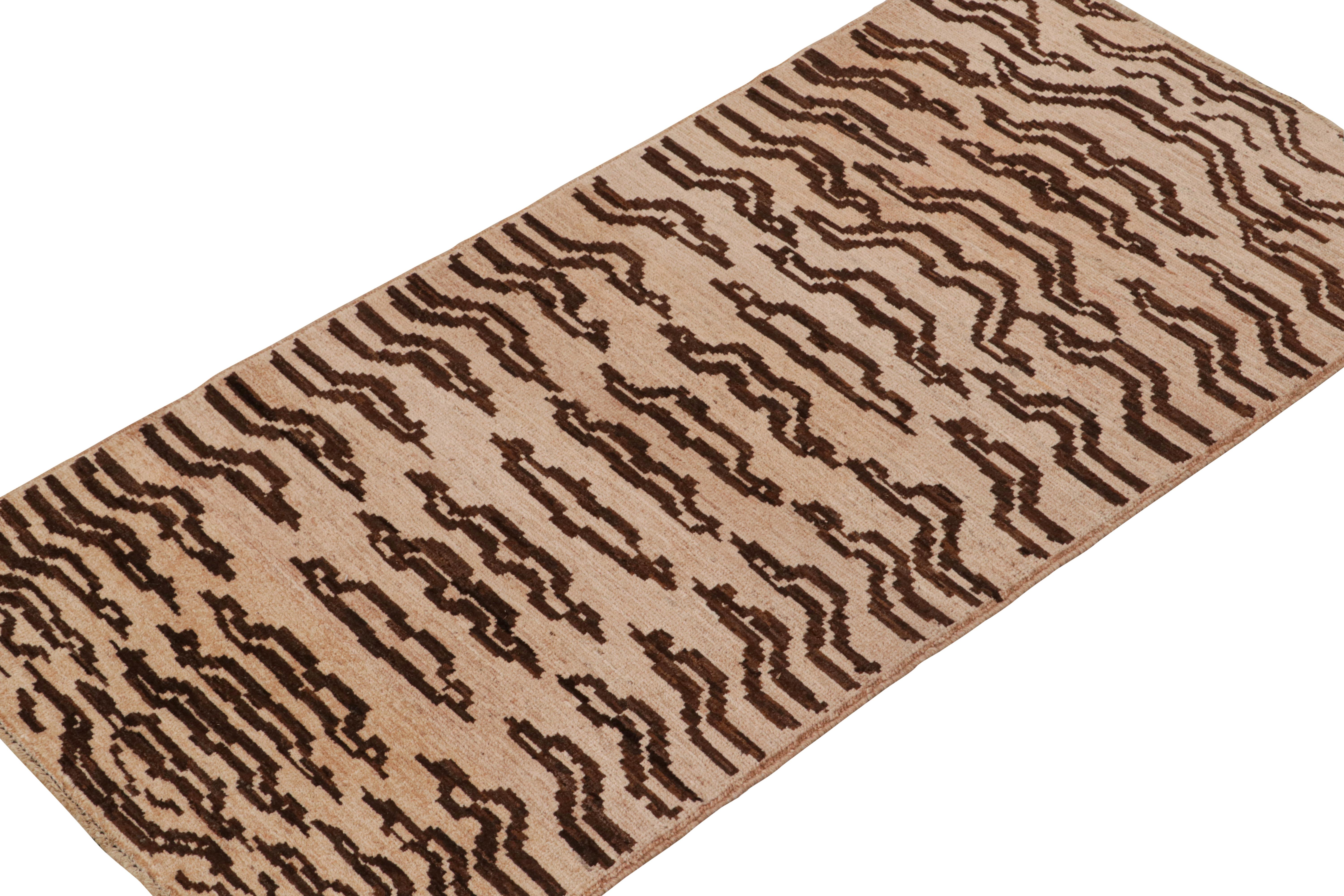 Pakistani Rug & Kilim’s Classic Style Tiger-Skin Runner with Brown Geometric Patterns For Sale