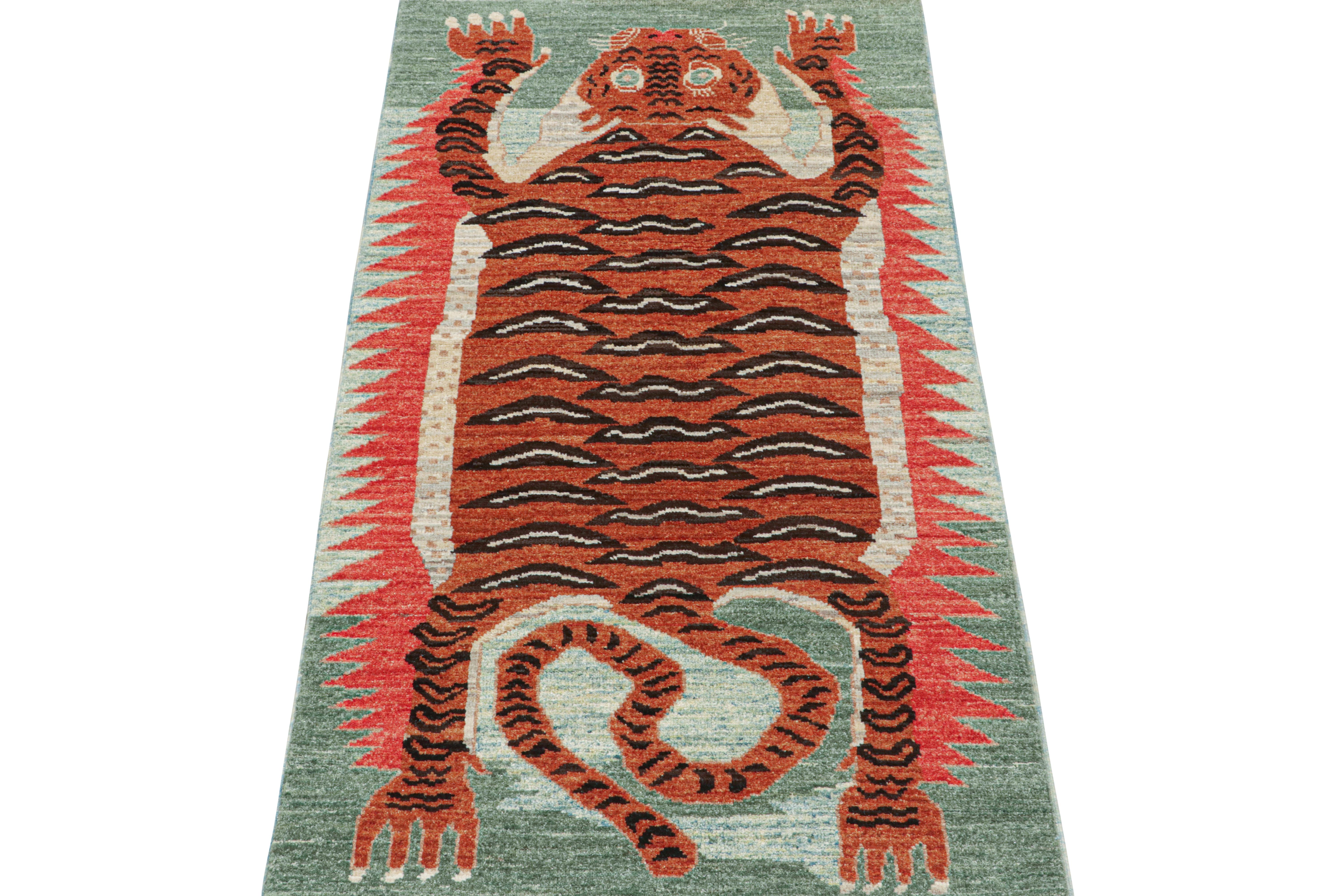This contemporary 3x6 runner is a bold new addition to Rug & Kilim’s Tigers Collection. Our collection spans several cultures and recaptures iconic pictorial styles in folk art and handmade Oriental rugs alike. 

Further on the design:

This
