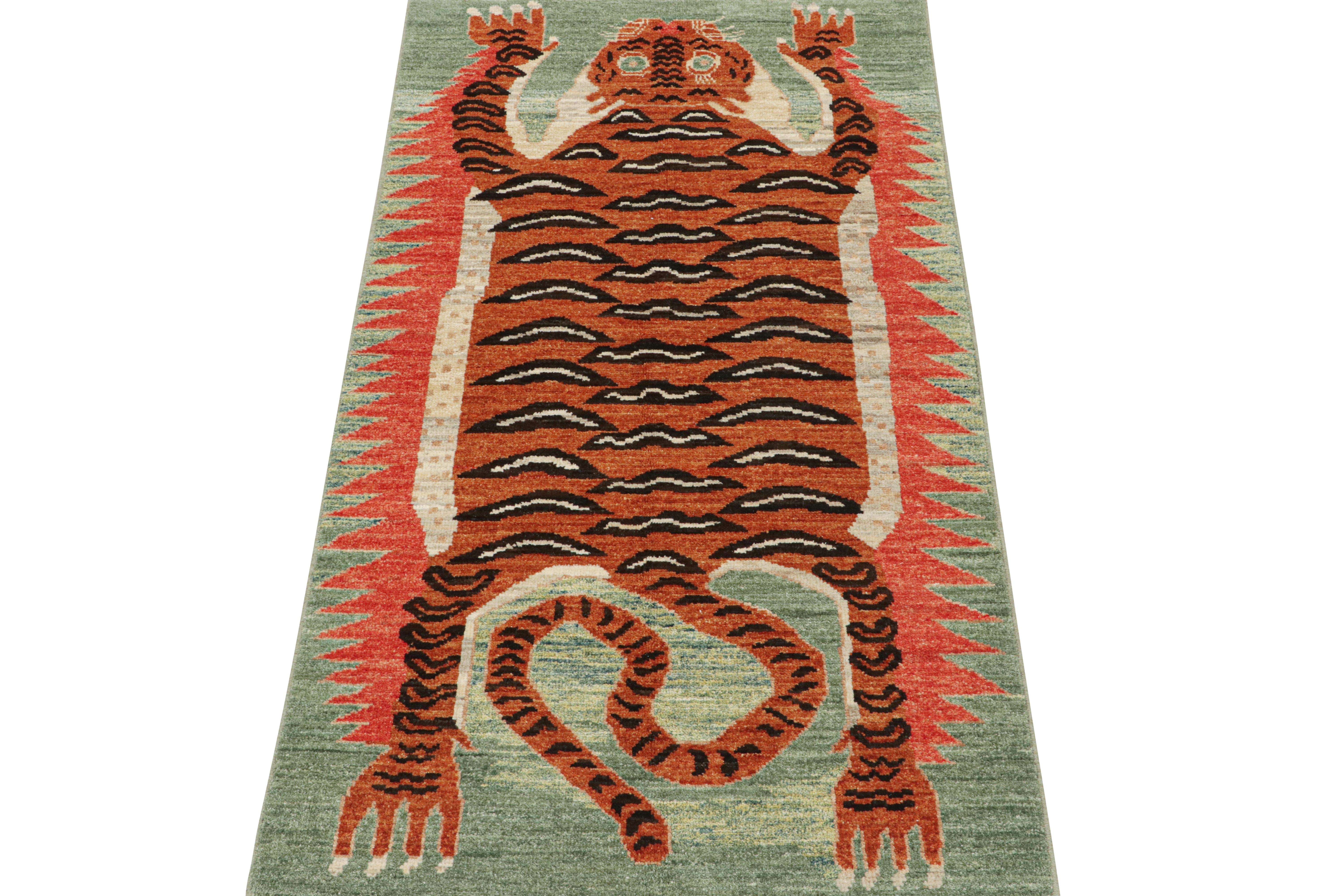 This contemporary 3x6 runner is a bold new addition to Rug & Kilim’s Tigers Collection. Our collection spans several cultures and recaptures iconic pictorial styles in folk art and handmade Oriental rugs alike.
Further on the Design :
This