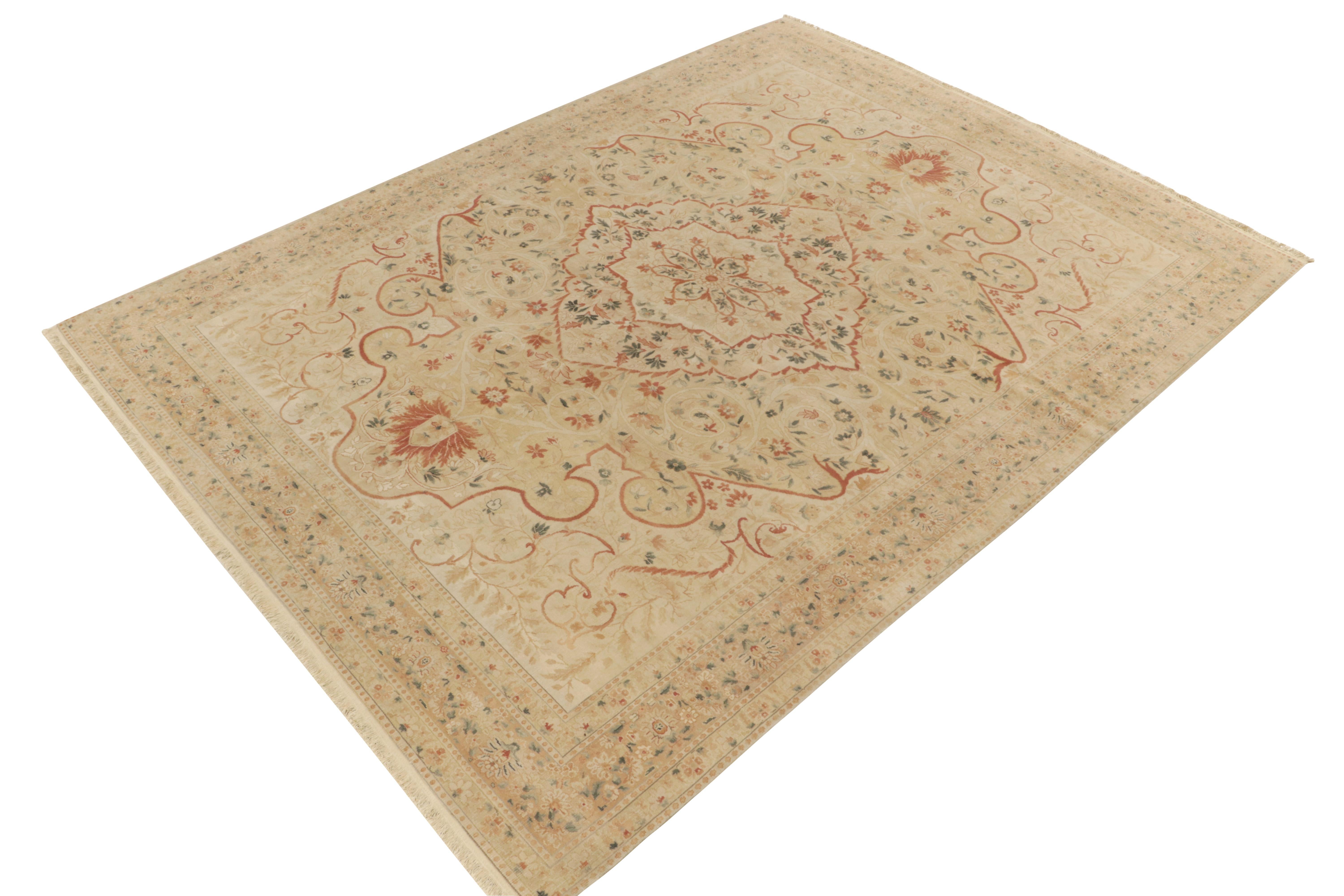 Chinese Rug & Kilim's Classic Tabriz Style Rug in Beige, Red & Green Floral Pattern For Sale