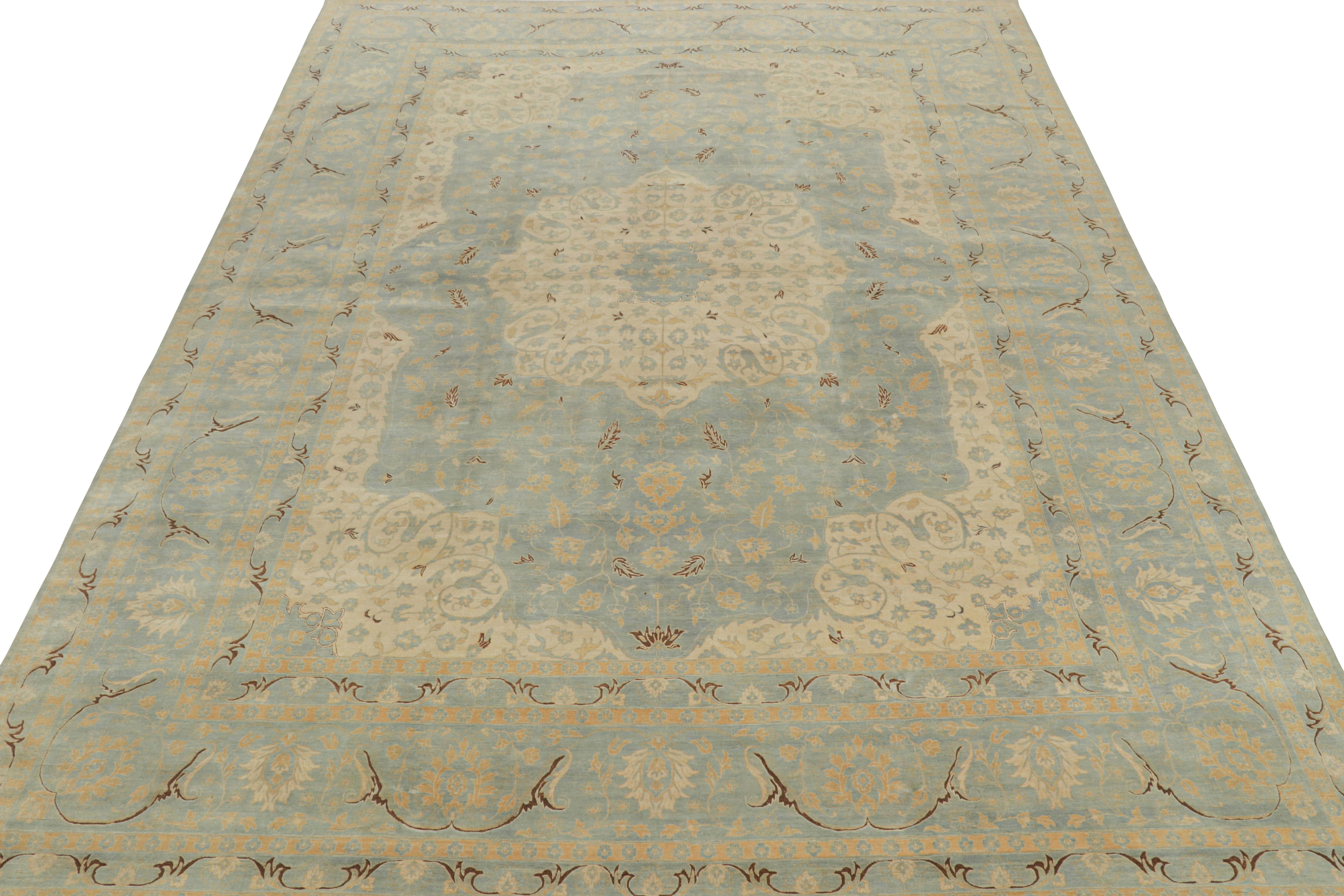 A 12x16 rug inspired from celebrated Tabriz rug styles, from Rug & Kilim’s Modern Classics Collection. Hand-knotted in wool, playing an exceptional blue beside ivory and beige-brown floral patterns with classic grace.
Further On the Design:
Keen