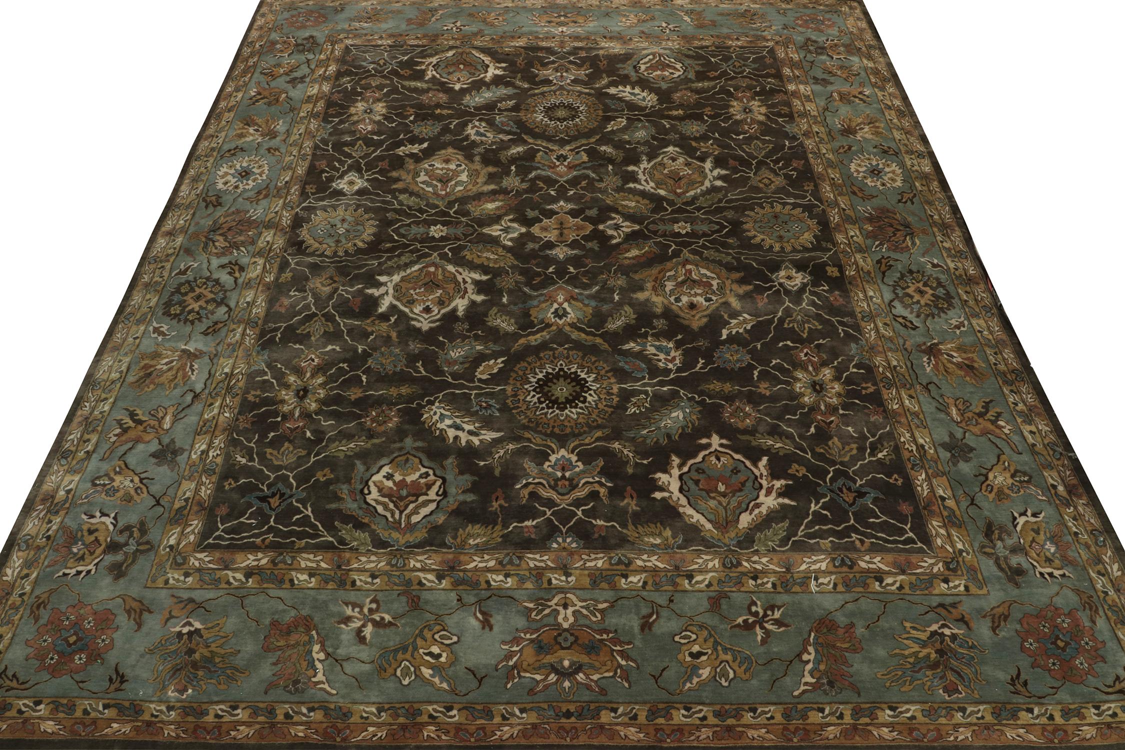 Indian Rug & Kilim’s Classic Tabriz style rug in Brown, Blue and Gold Floral Patterns For Sale