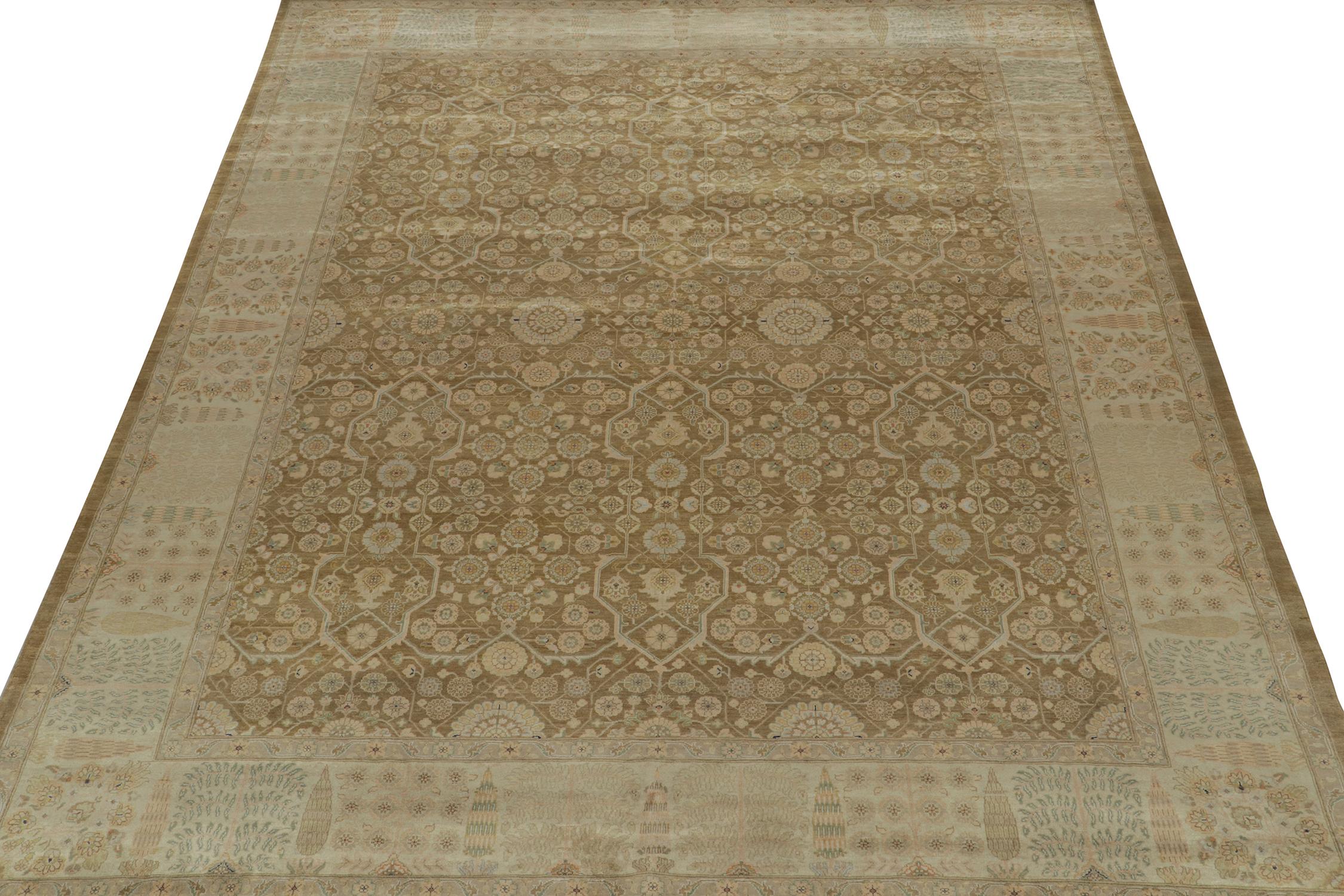 Indian Rug & Kilim’s Classic Tabriz Style Rug in Green, Beige and Brown Floral Patterns For Sale