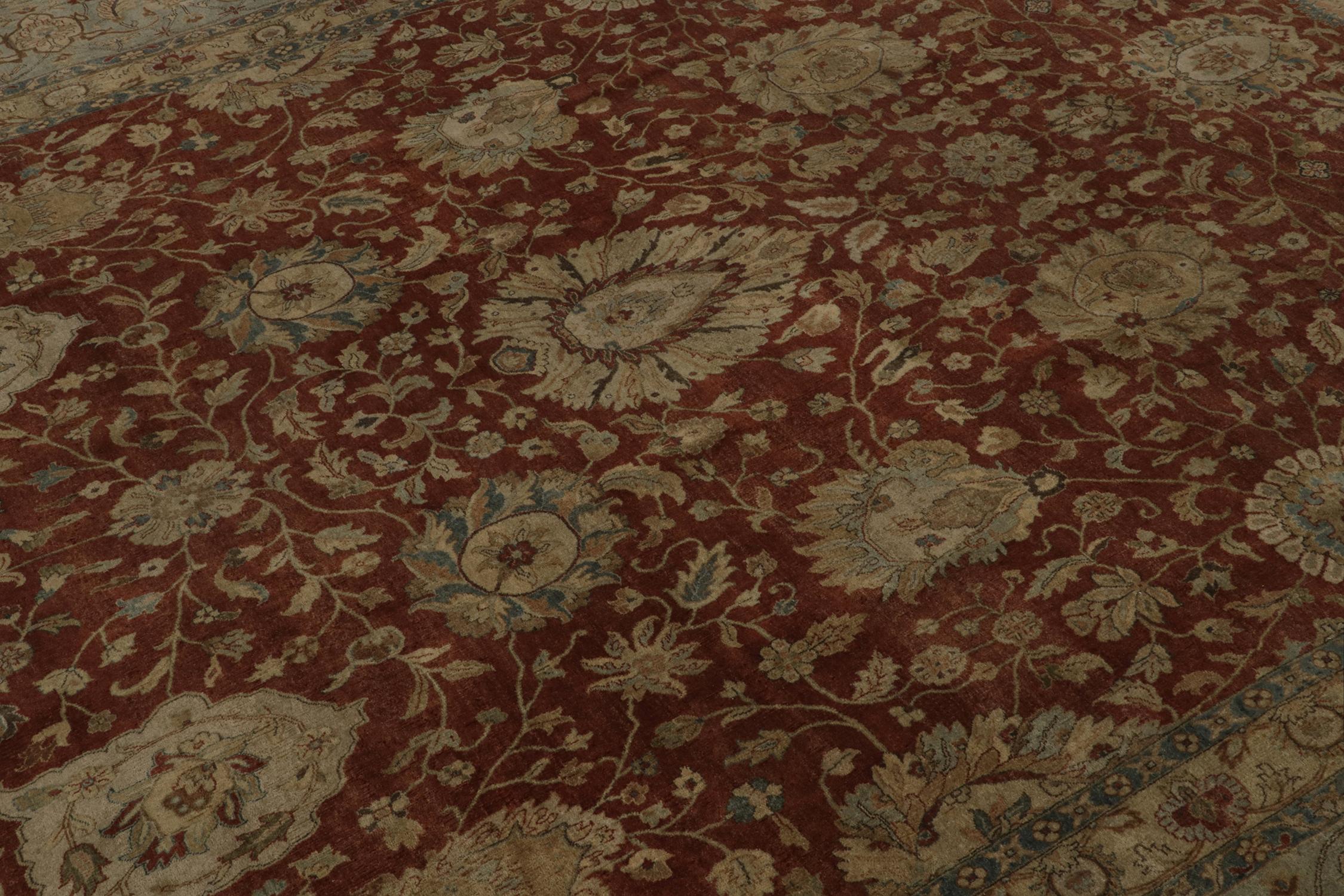 Hand-Knotted Rug & Kilim’s Classic Tabriz style rug with Beige & Blue Florals on Rust Red For Sale