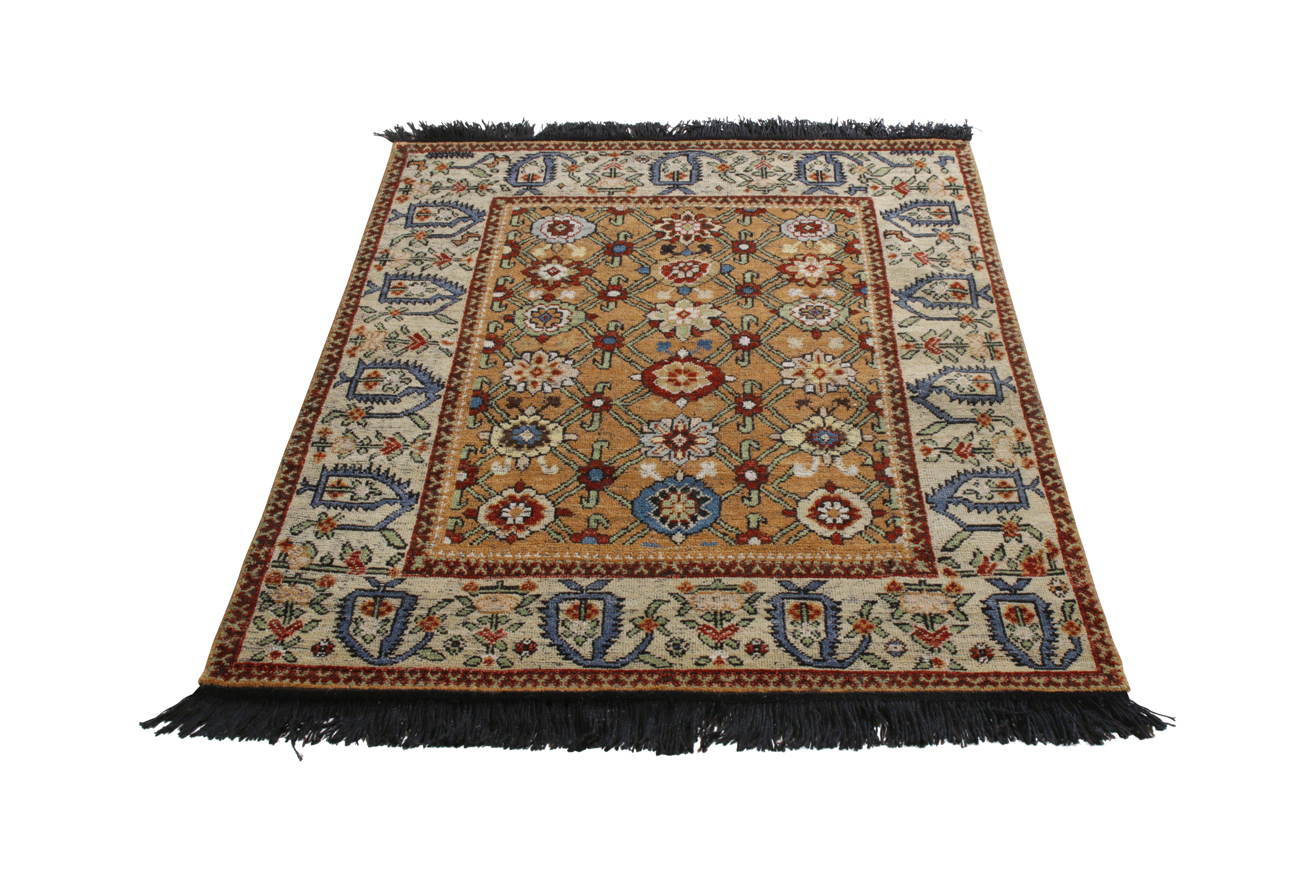 A 4x5 ode to celebrated transitional rug styles, from Rug & Kilim’s Burano Collection. 

Hand knotted in soft Ghazni wool, enjoying beige-brown with sought-after red and blue hues accenting the all over floral pattern. 

A classic complemented